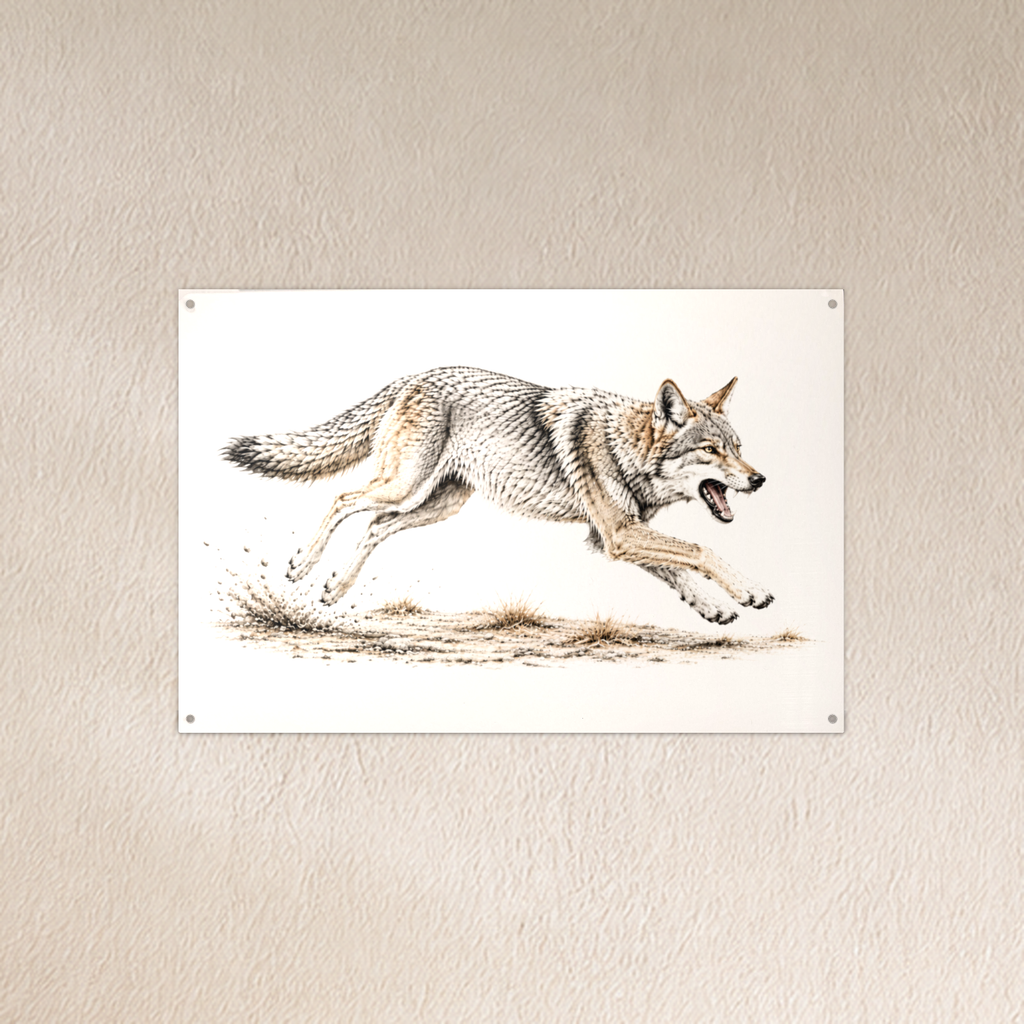 Running Coyote metal wall art, ink color splash, 12x8 aluminum