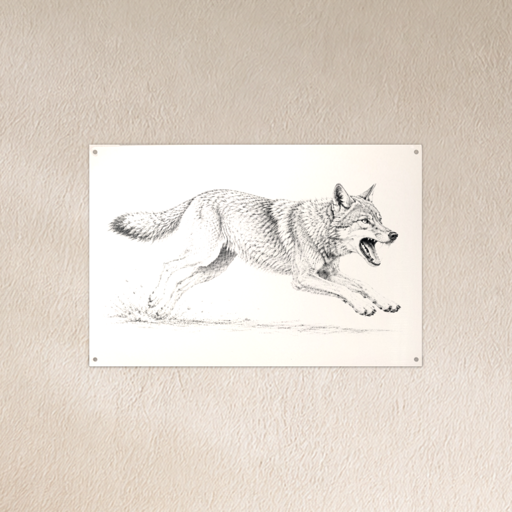 Running Coyote metal wall art, black and white sketch, 12x8 aluminum