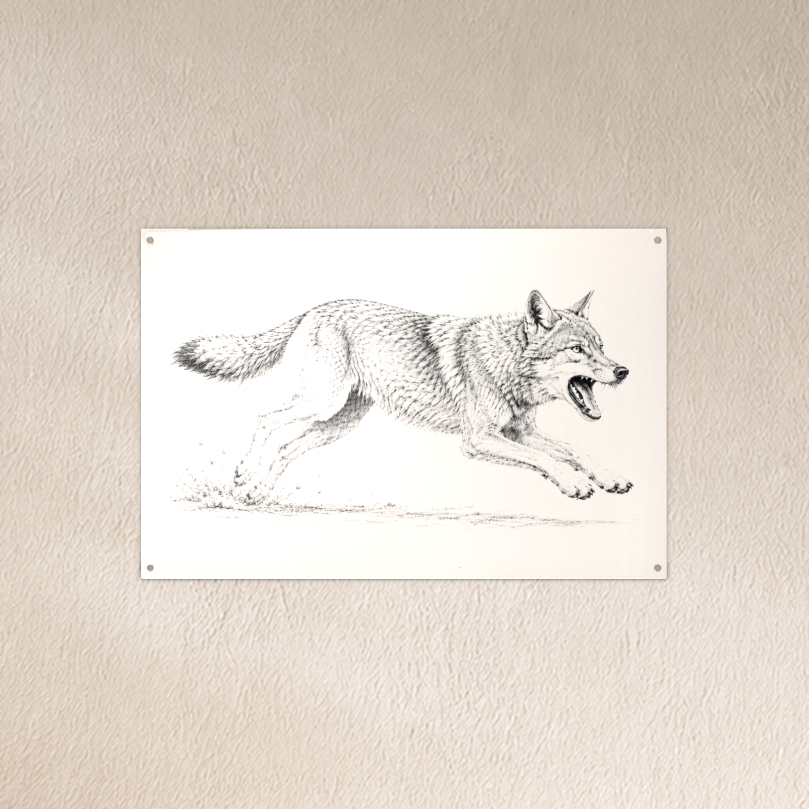 Running Coyote metal wall art, black and white sketch, 12x8 aluminum