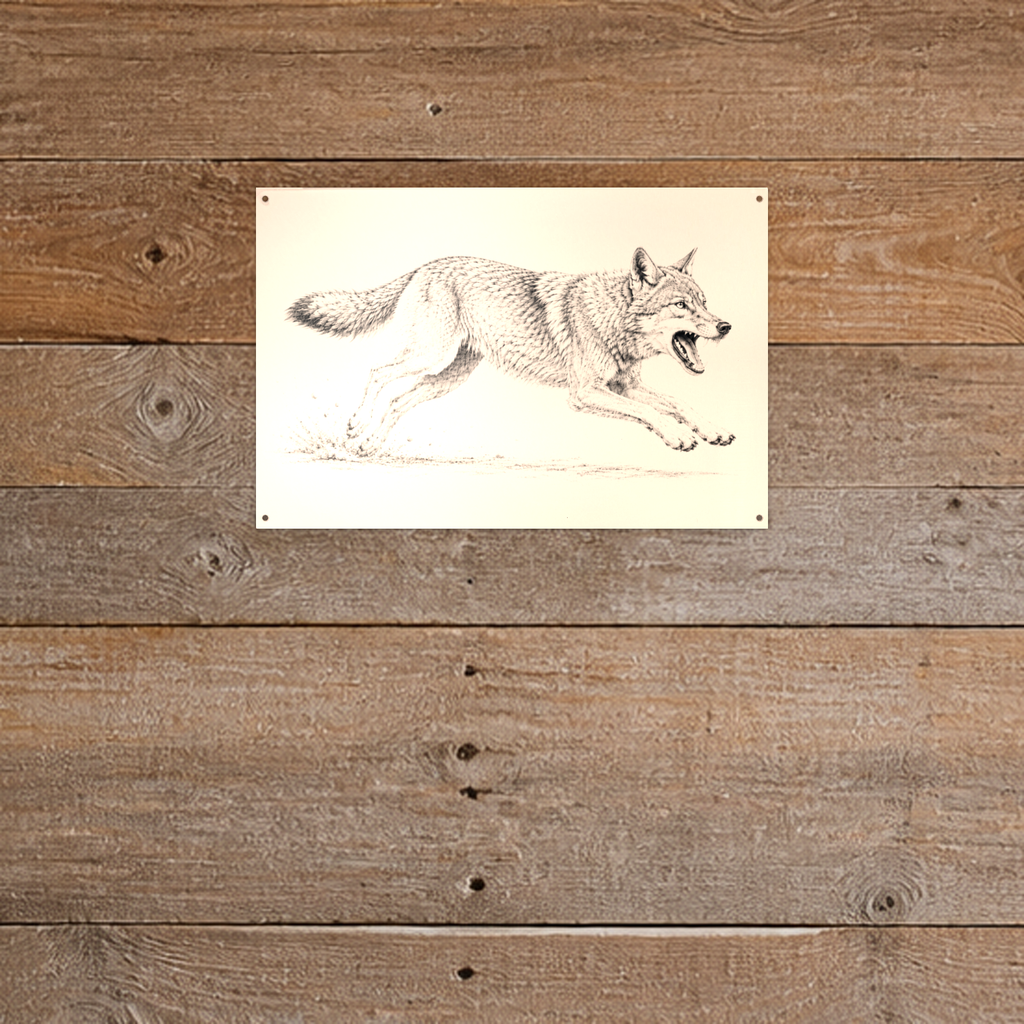 Running Coyote black and white sketch aluminum sign in room
