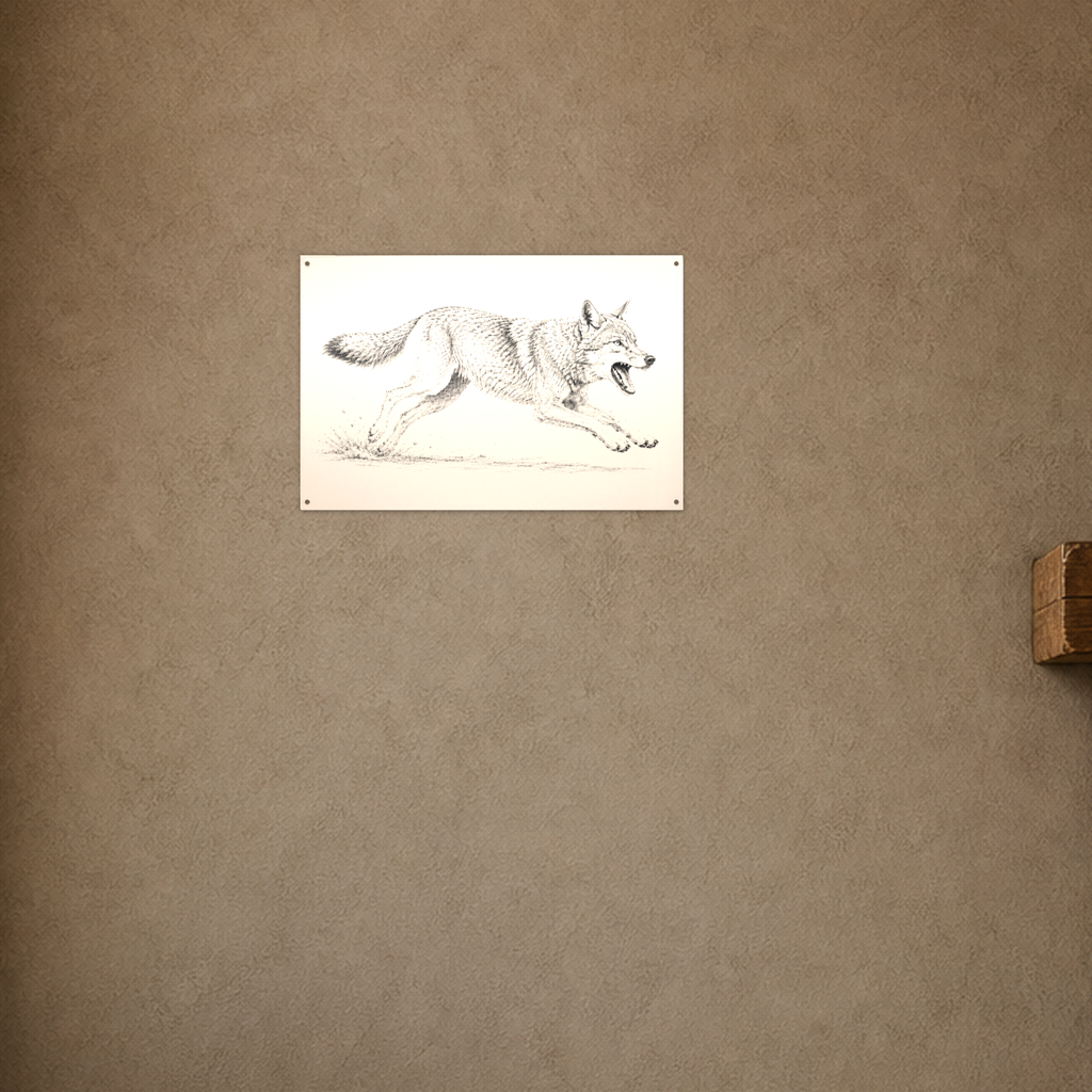 Running Coyote black and white sketch aluminum wall art lifestyle