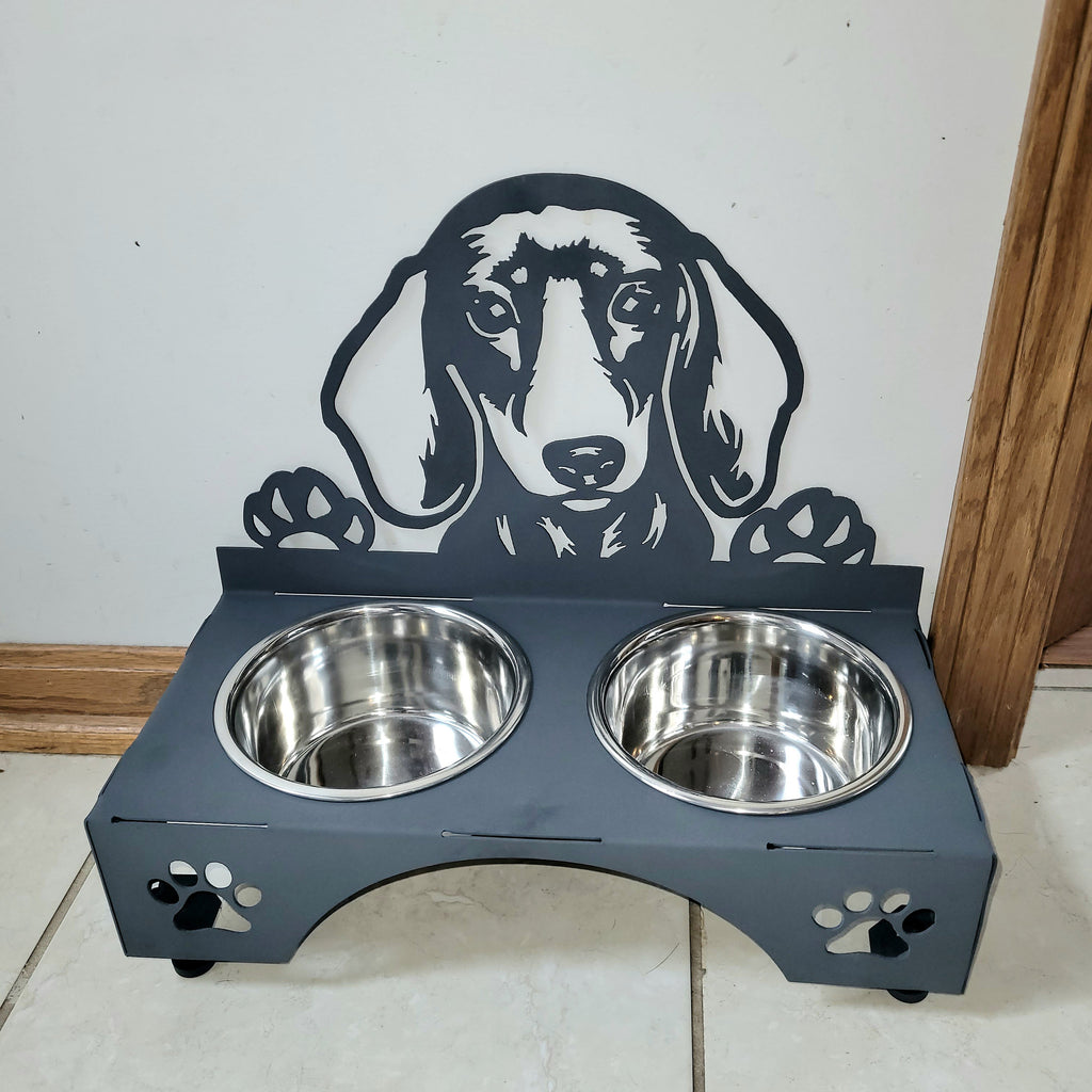 Dachshund Dog Bowl Stand Aluminum Sign — front view on white background