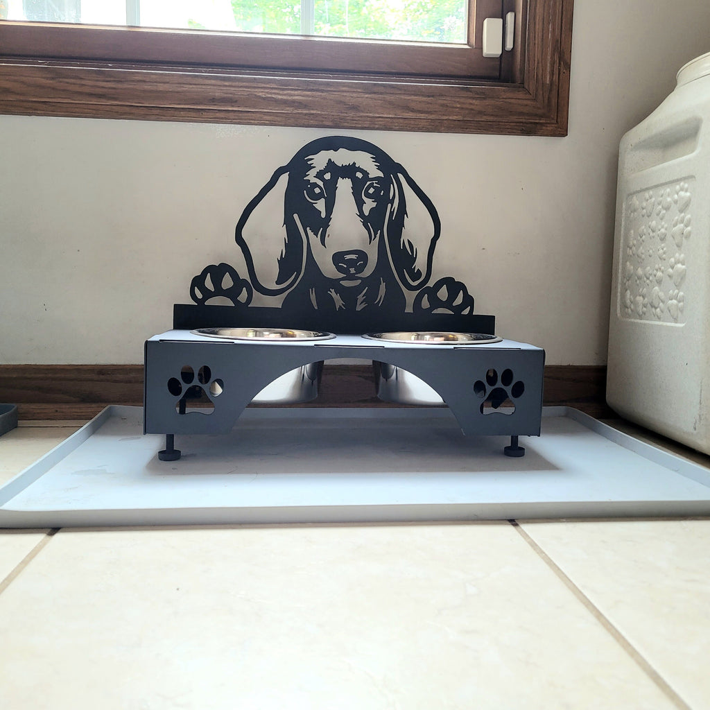 Dachshund Dog Bowl Stand Aluminum Sign — shown on a rustic wall