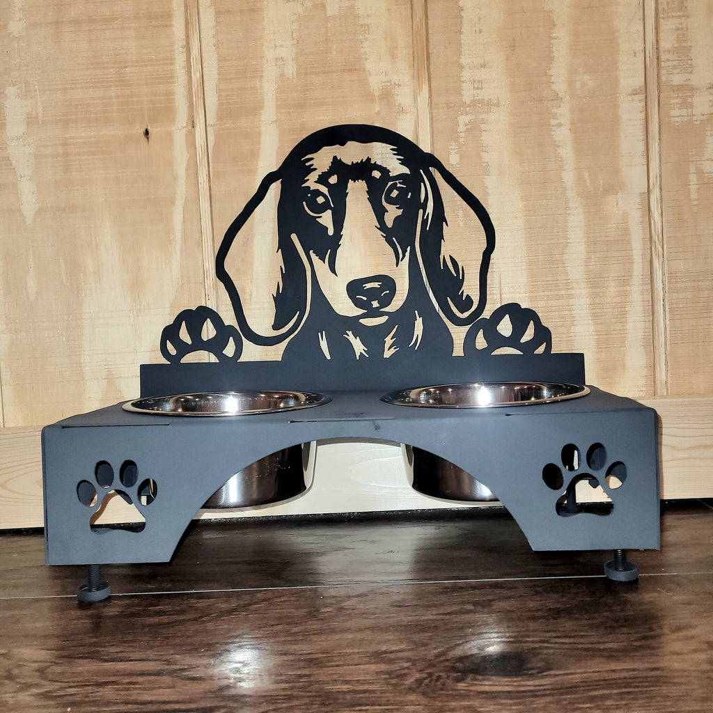 Dachshund Dog Bowl Stand Aluminum Sign — lifestyle setting