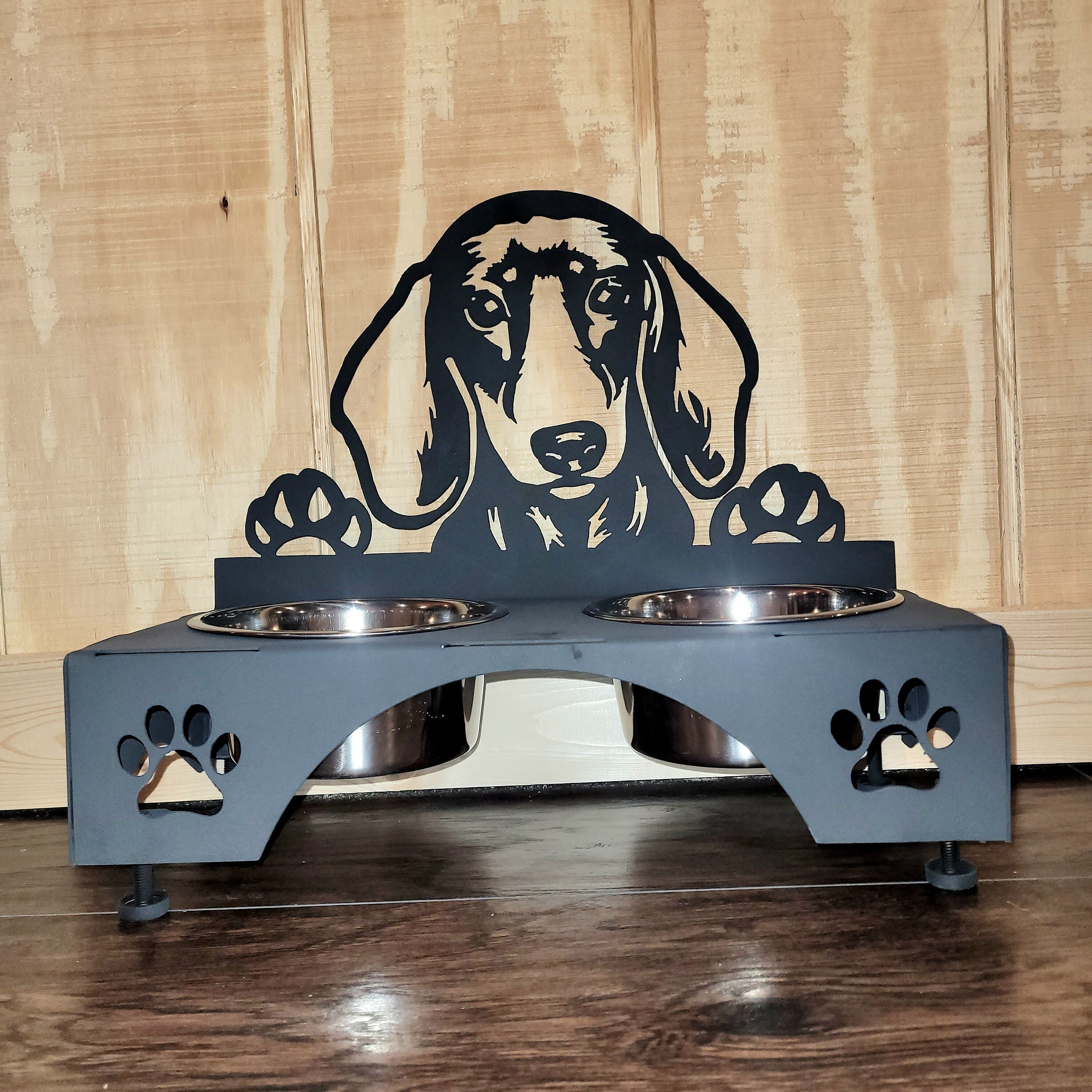 Dachshund Dog Bowl Stand Aluminum Sign — lifestyle setting