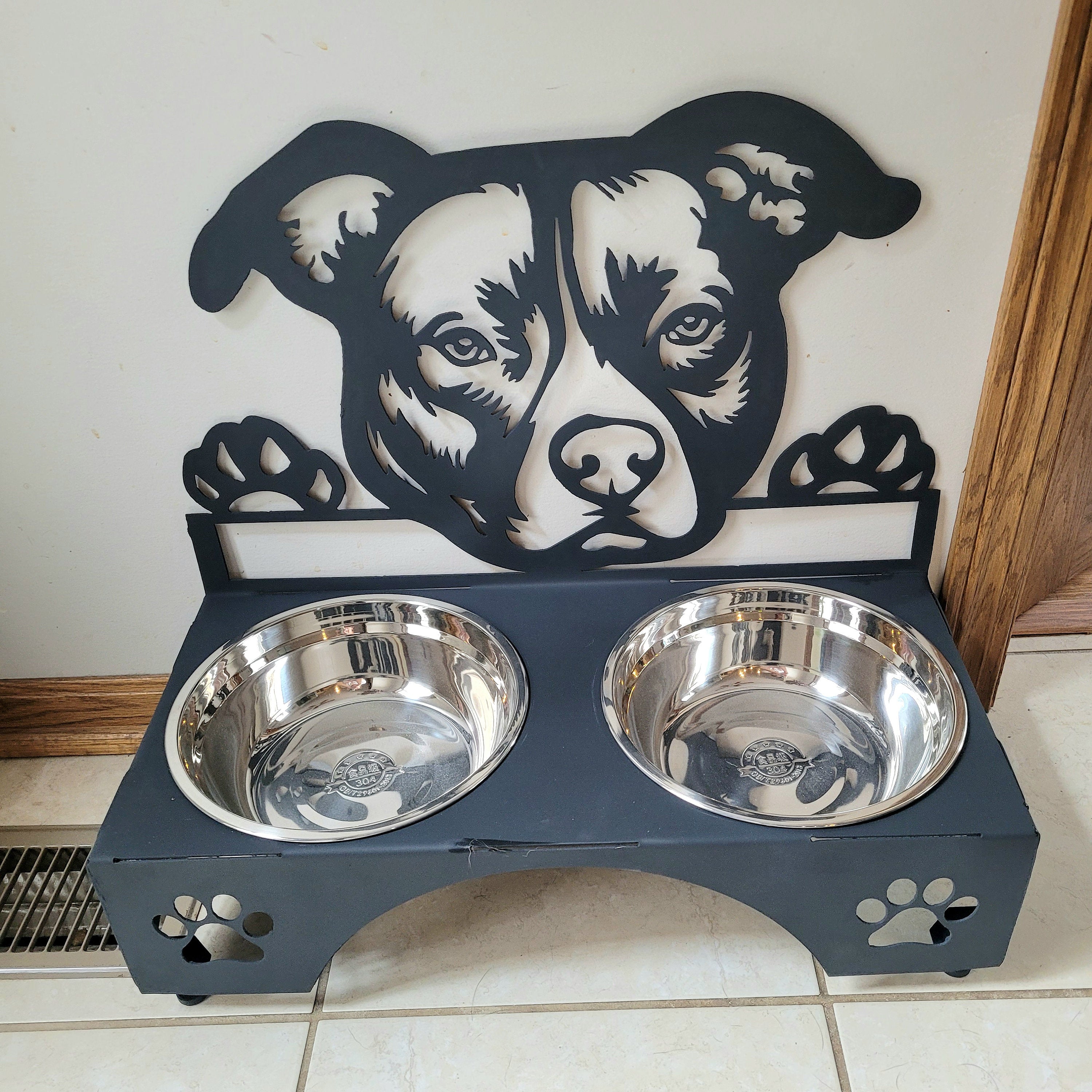 American Pitbull Dog Bowl Stand Aluminum Sign — shown on a rustic wall