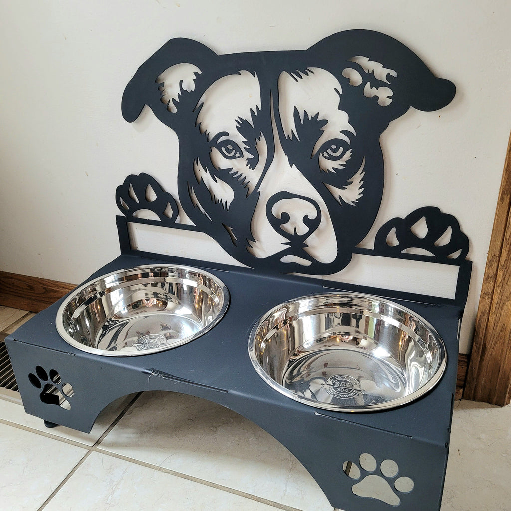 American Pitbull Dog Bowl Stand Aluminum Sign — lifestyle setting