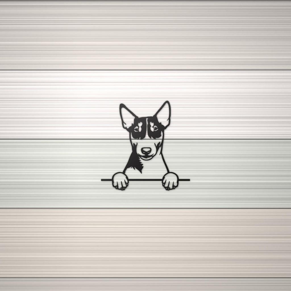 Miniature Bull Terrier Metal Wall Art Metal Dog Sign — shown on a rustic wall