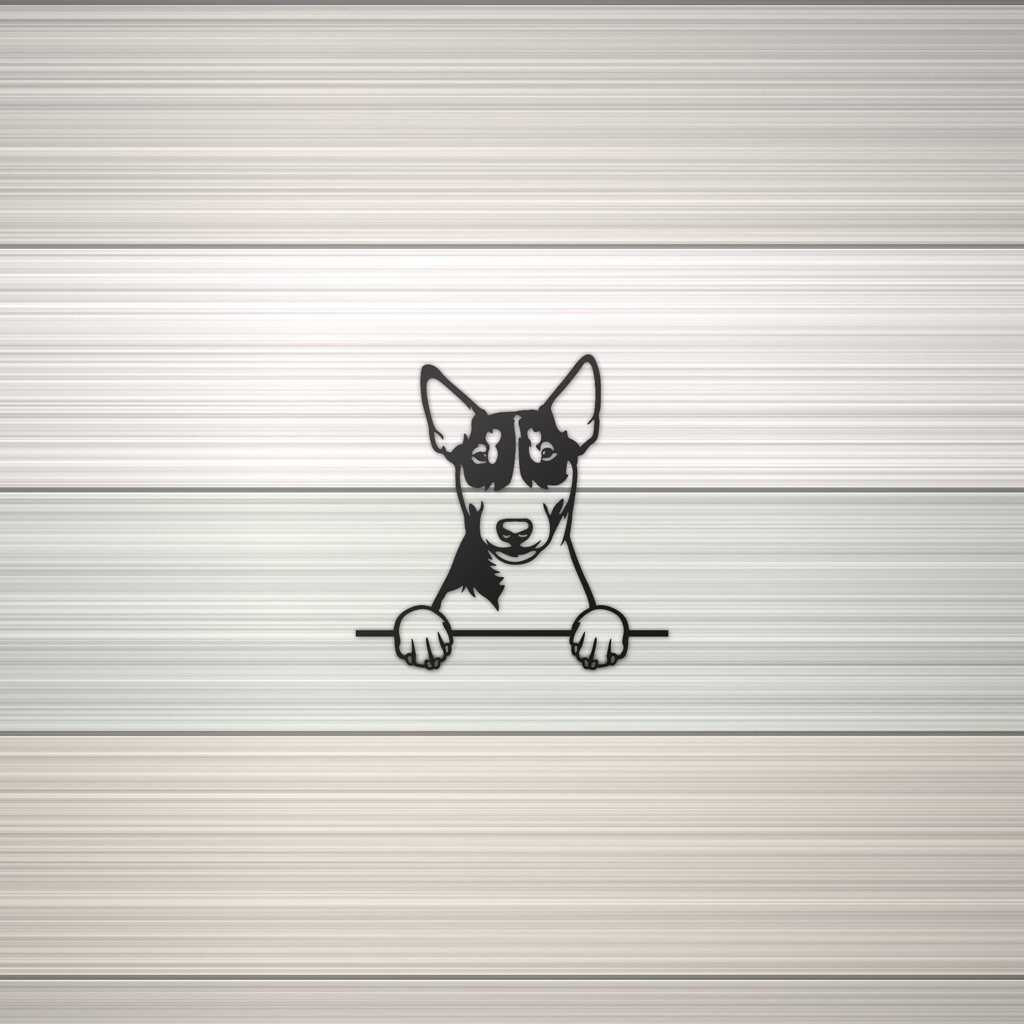 Miniature Bull Terrier Metal Wall Art Metal Dog Sign — shown on a rustic wall
