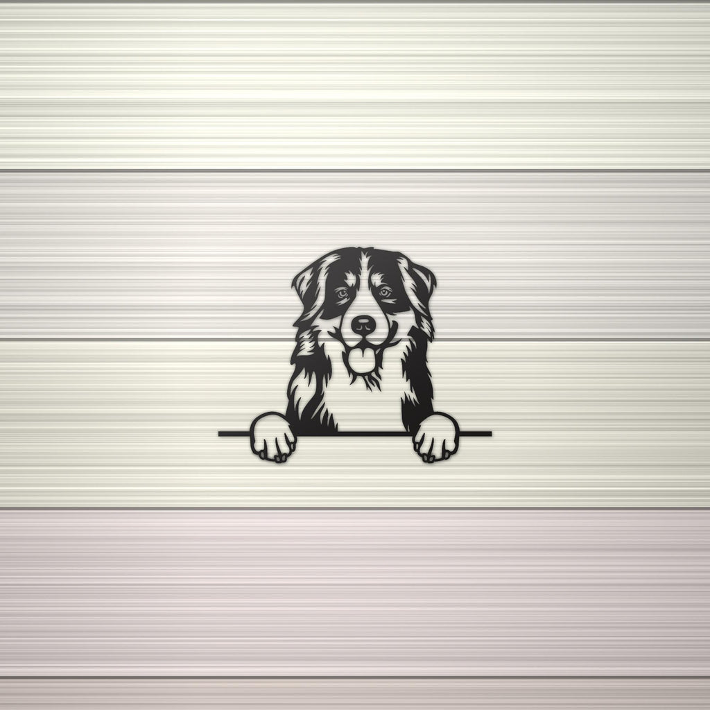 Bernese Mountain Dog Metal Wall Art Metal Dog Sign — shown on a rustic wall