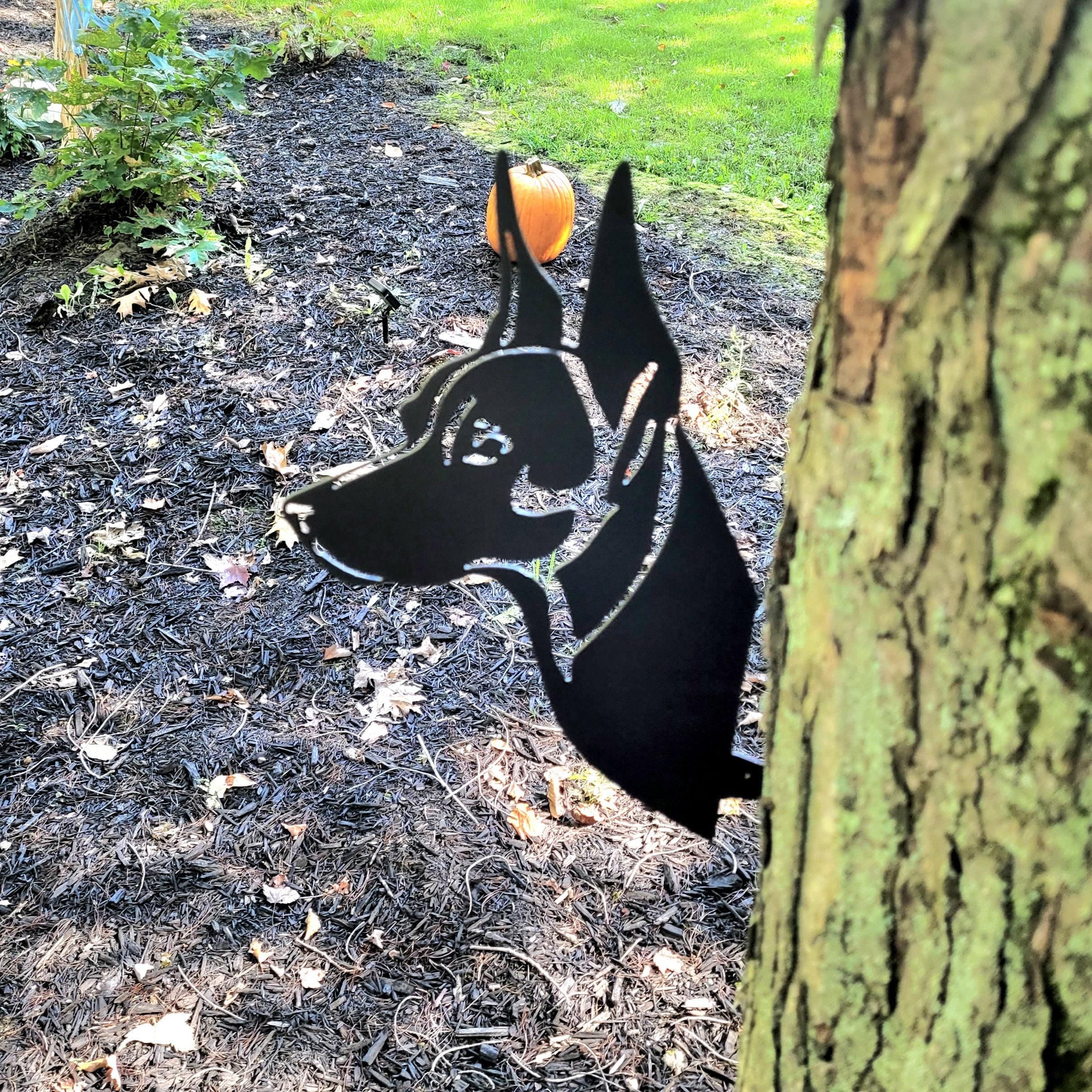 Doberman Dog Yard Art Metal Garden Stake — lifestyle setting
