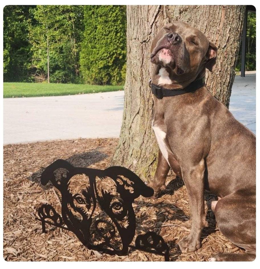 Pitbull Lawn Stake Metal Garden Stake — shown on a rustic wall