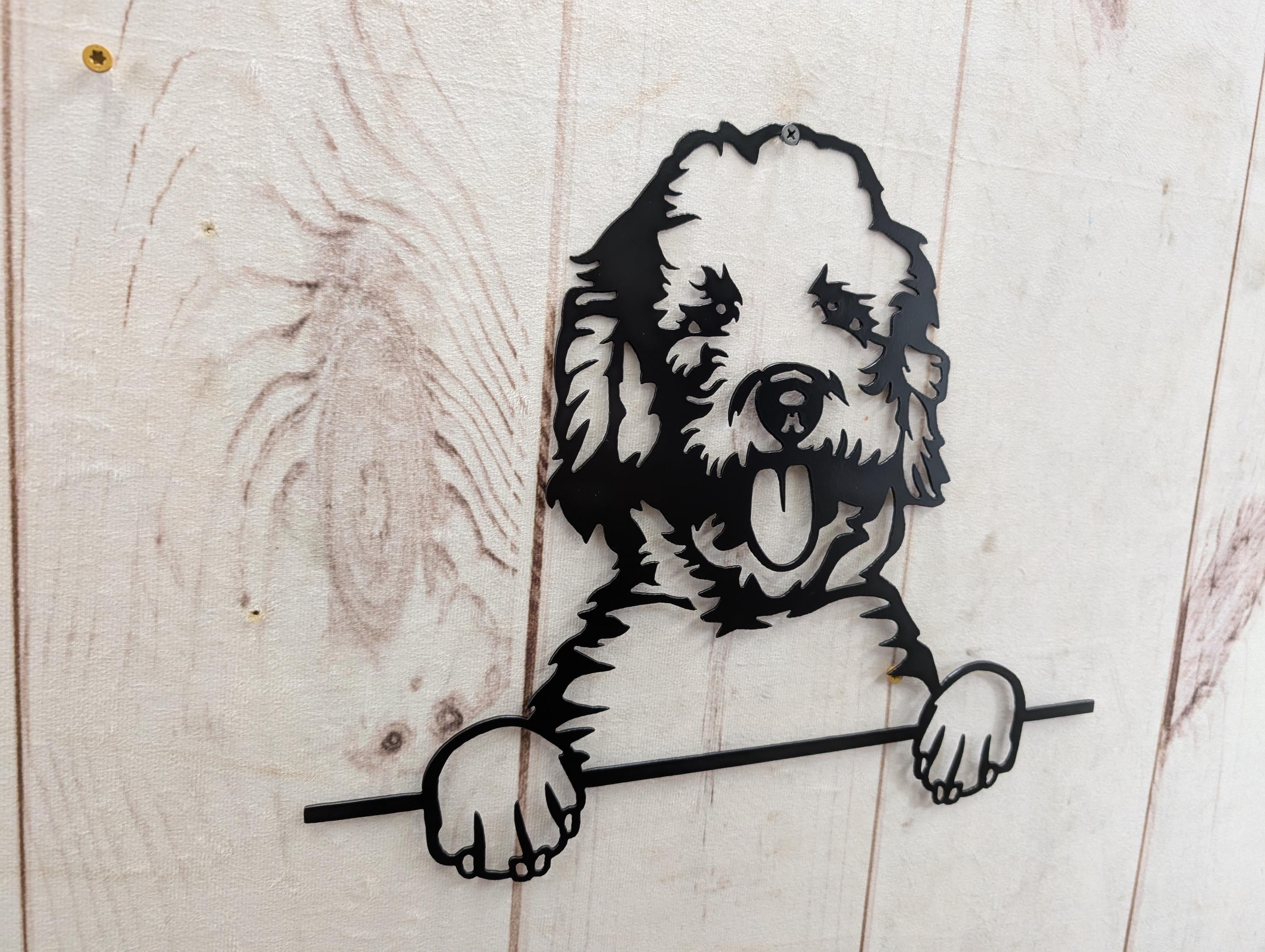 Labradoodle Dog Lover Gift Metal Dog Sign — shown on a rustic wall