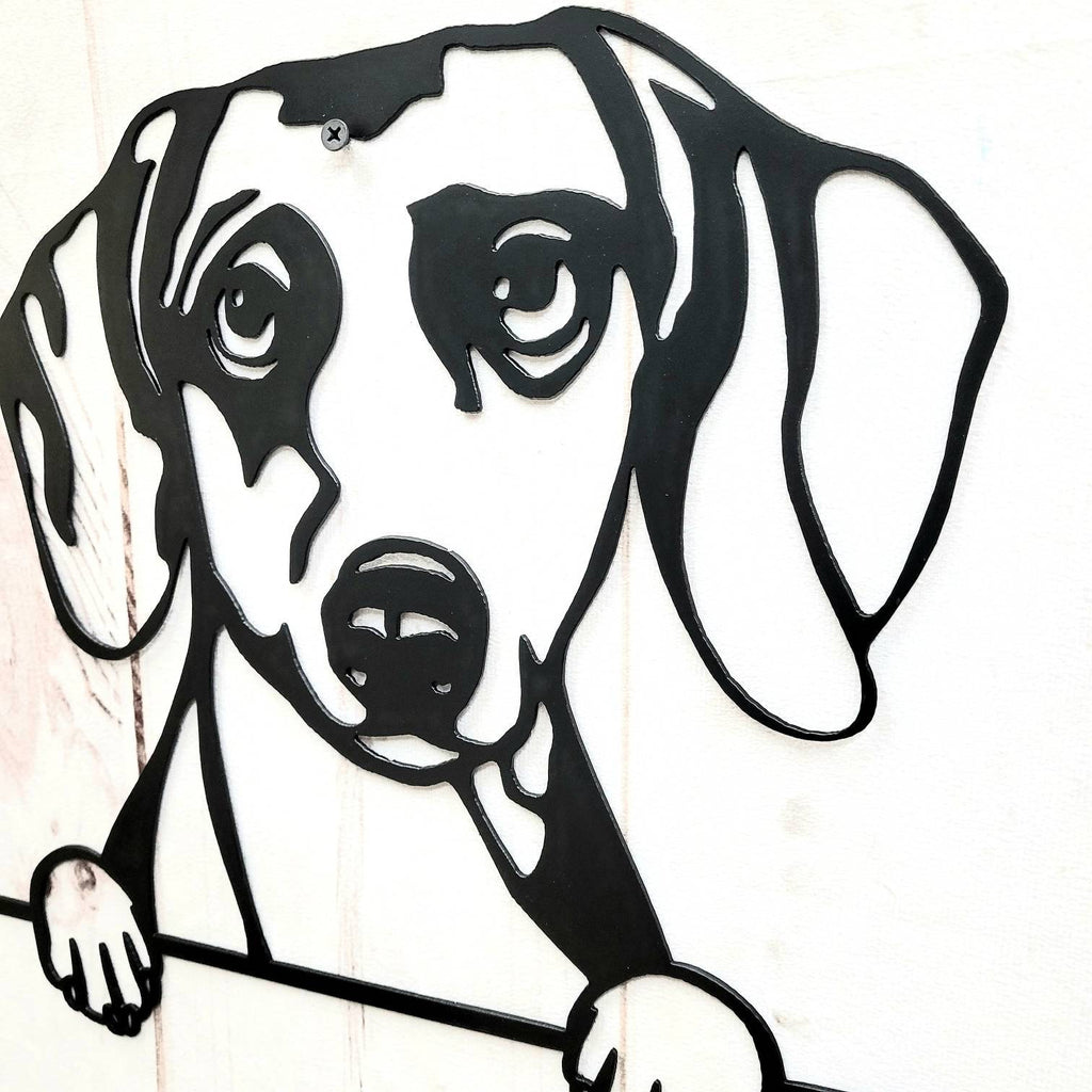 Dachshund Metal House Sign Metal Dog Sign — shown on a rustic wall