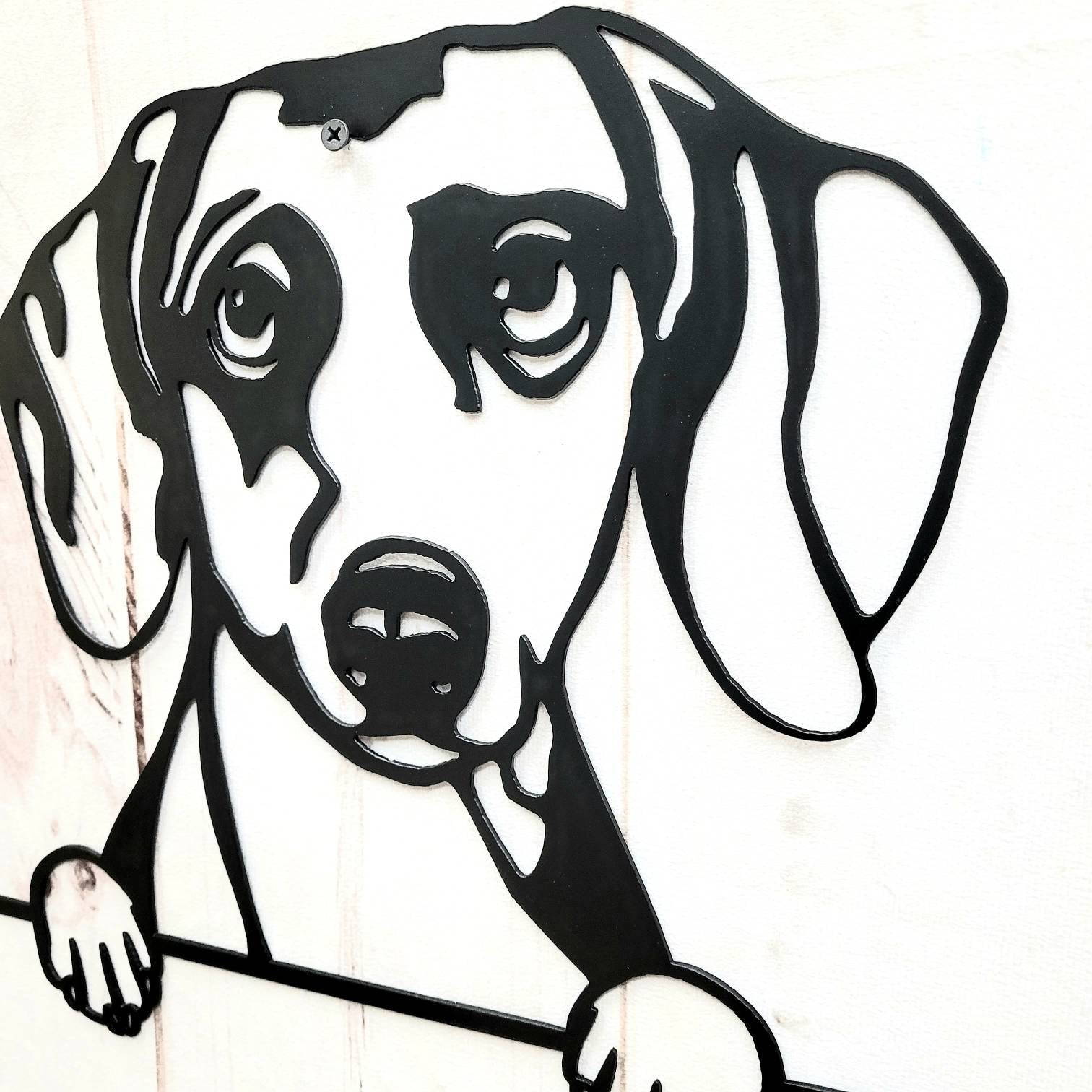 Dachshund Metal House Sign Metal Dog Sign — shown on a rustic wall