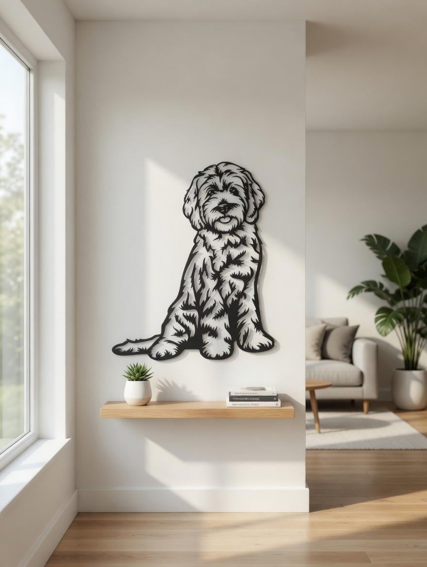 Goldendoodle Metal Wall Art Metal Dog Sign — front view on white background