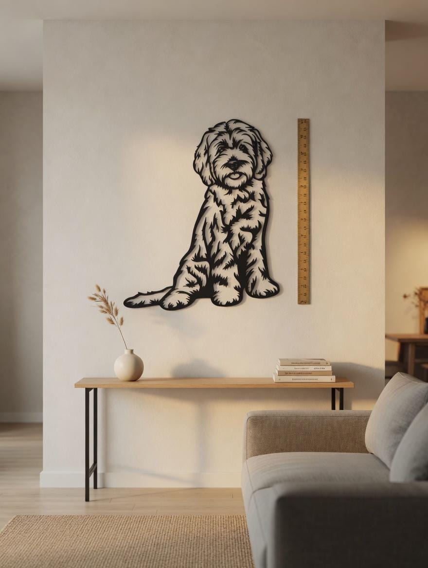Goldendoodle Metal Wall Art Metal Dog Sign — shown on a rustic wall