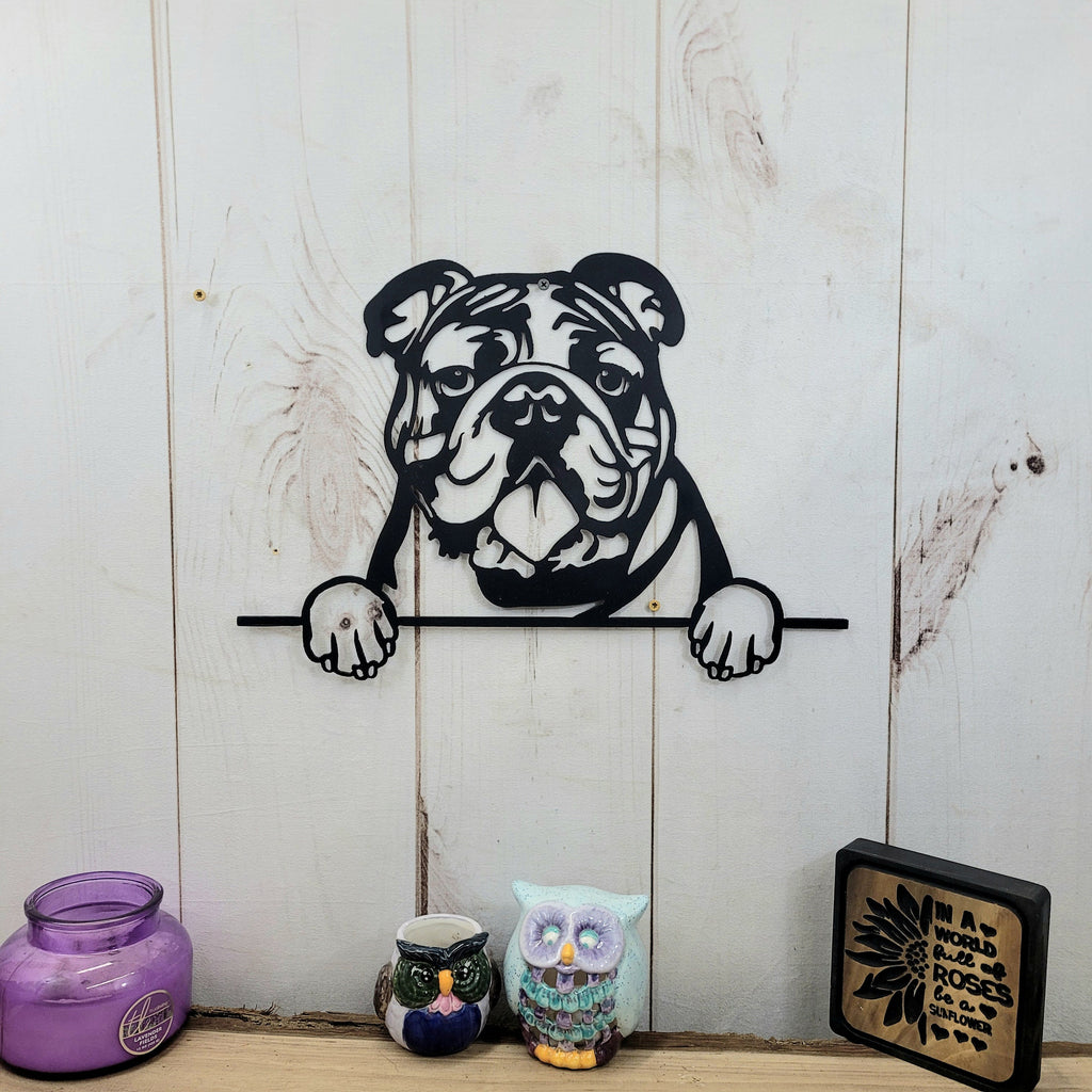 English Bulldog Dog Lover Gift Metal Dog Sign — shown on a rustic wall