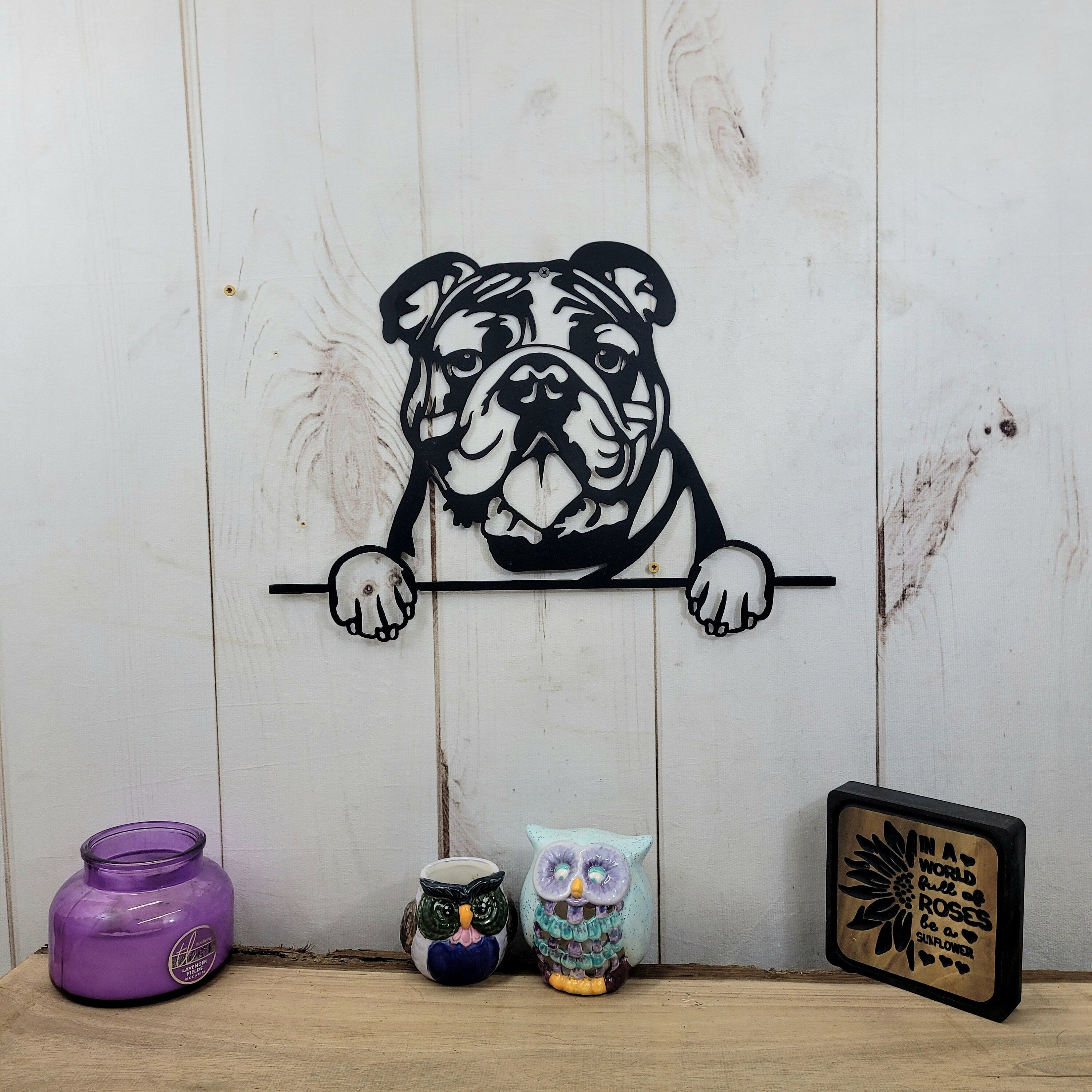 English Bulldog Dog Lover Gift Metal Dog Sign — lifestyle setting