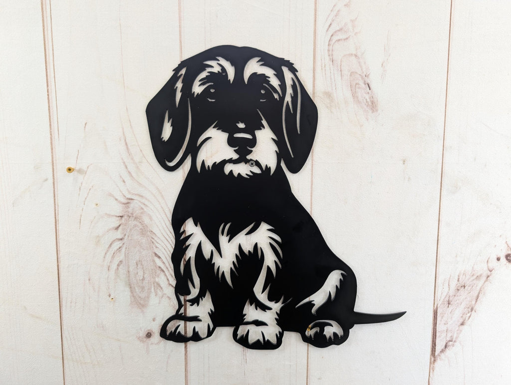 Wire Hair Dachshund Metal House Sign Metal Dog Sign — front view on white background