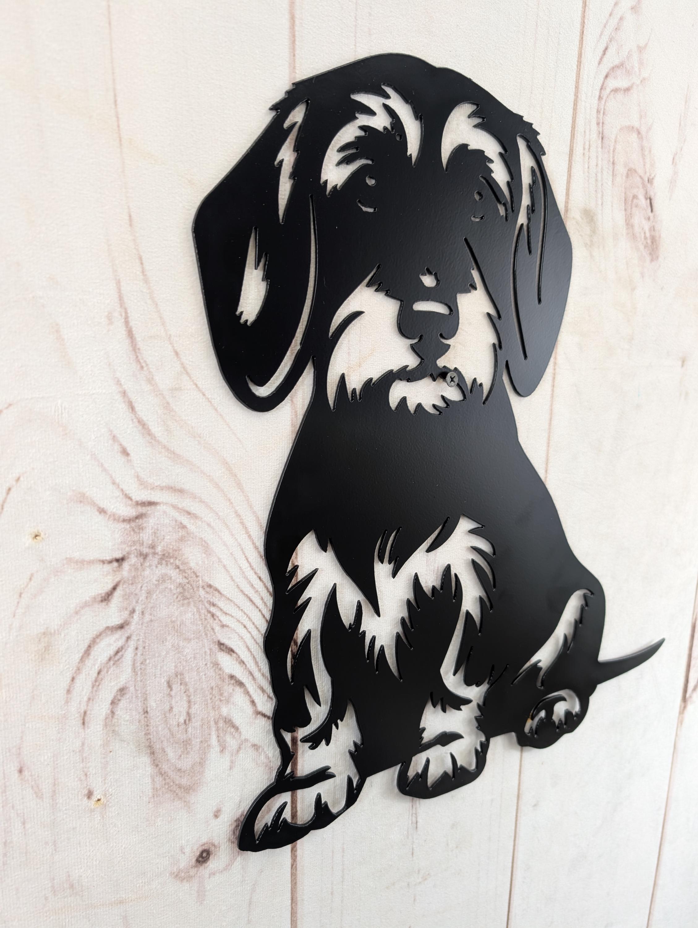 Wire Hair Dachshund Metal House Sign Metal Dog Sign — shown on a rustic wall