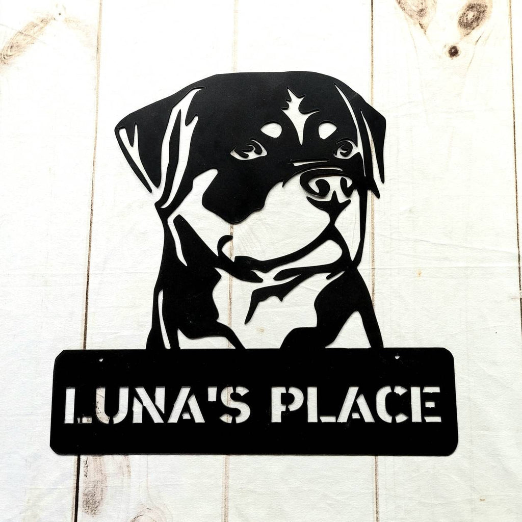 Custom Rottweiler Metal Wall Art Metal Dog Sign — shown on a rustic wall
