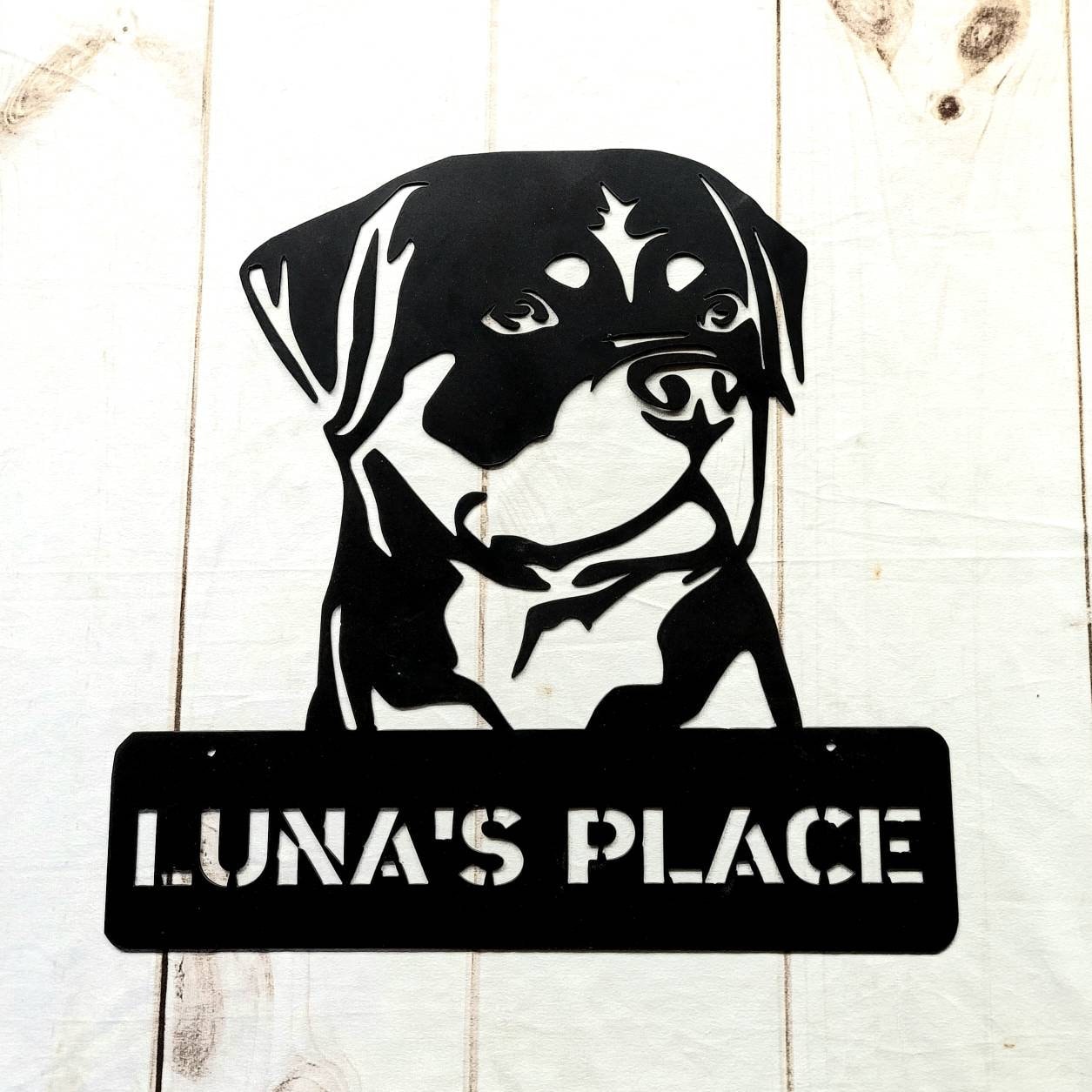 Custom Rottweiler Metal Wall Art Metal Dog Sign — shown on a rustic wall