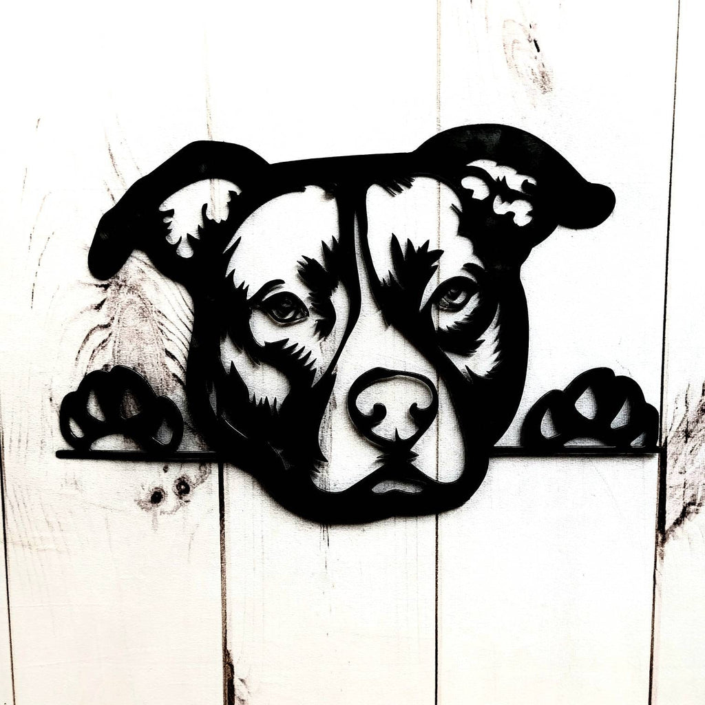 Pitbull Metal Wall Art: Dog Lover Gift Metal Dog Sign — front view on white background