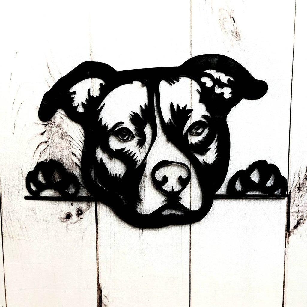 Pitbull Metal Wall Art: Dog Lover Gift Metal Dog Sign — shown on a rustic wall