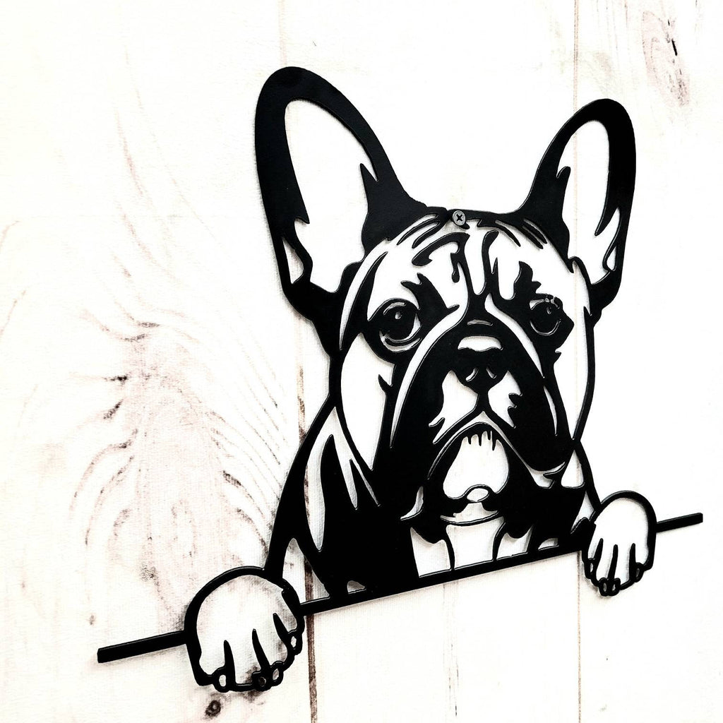 French Bulldog Metal Art Sign Metal Dog Sign — shown on a rustic wall