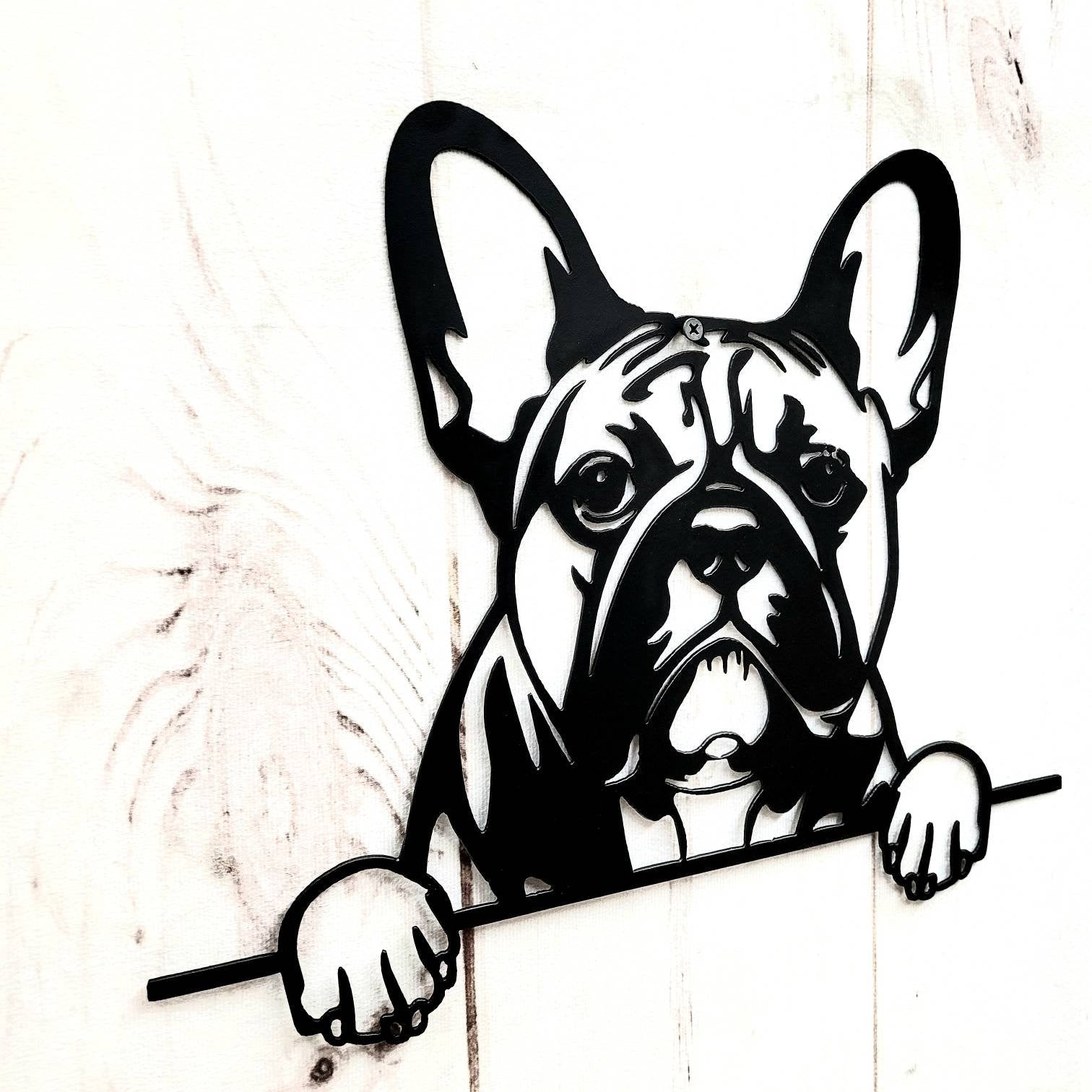 French Bulldog Metal Art Sign Metal Dog Sign — shown on a rustic wall