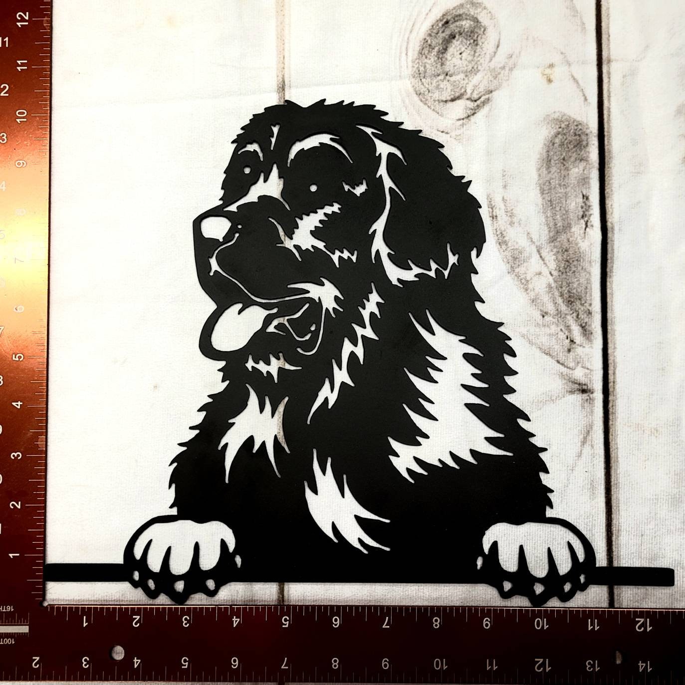 Newfoundland Dog Metal Wall Art Metal Dog Sign — shown on a rustic wall