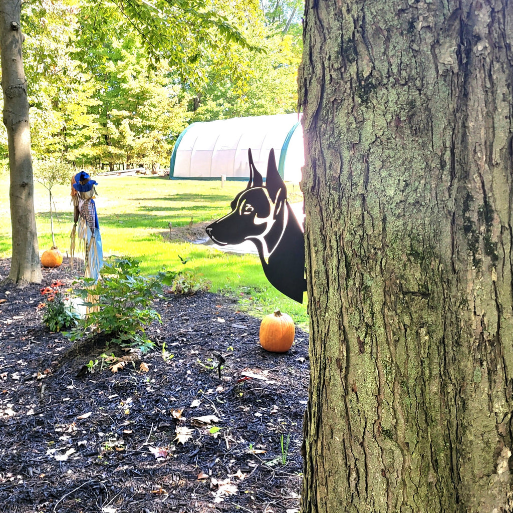 Doberman Peeking Pup Tree Stake Metal Garden Stake — alternate angle