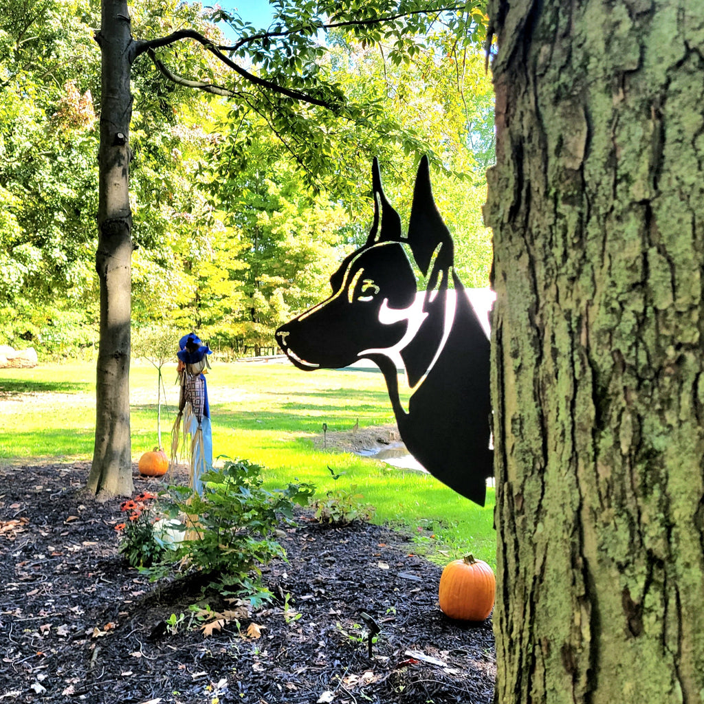 Doberman Peeking Pup Tree Stake Metal Garden Stake — alternate angle