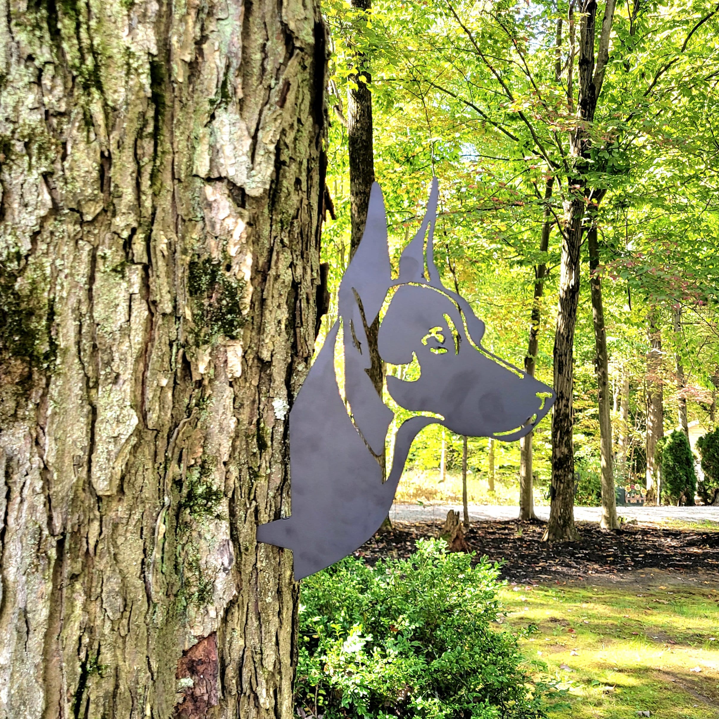 Doberman Peeking Pup Tree Stake Metal Garden Stake — alternate angle