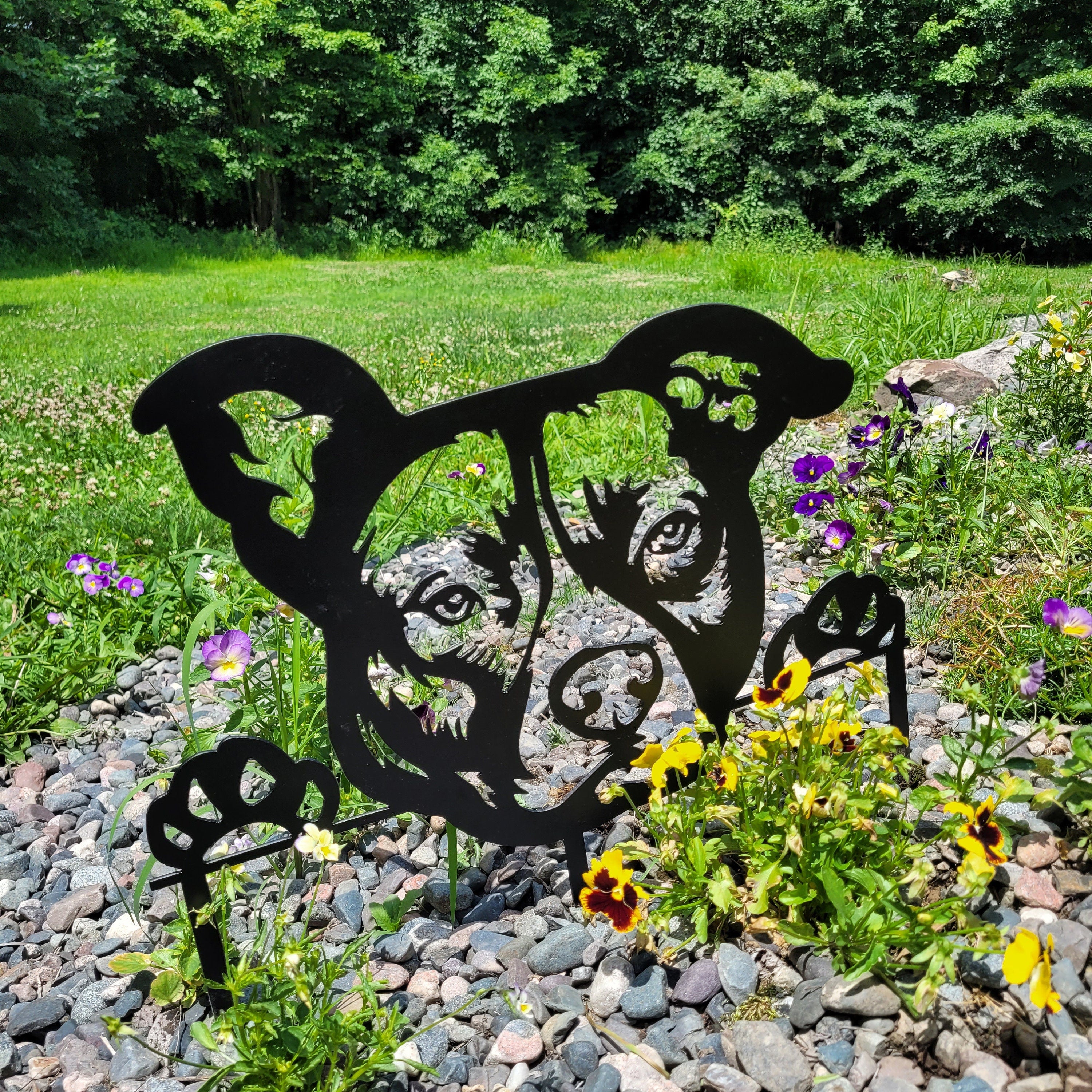Pitbull Metal Yard Art Metal Garden Stake — lifestyle setting