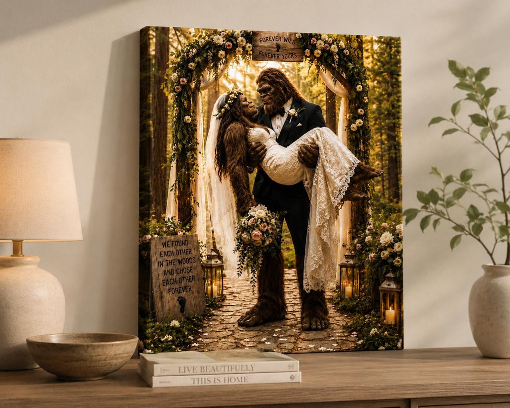 Bigfoot Wedding Canvas Print Canvas Print — shown on a rustic wall