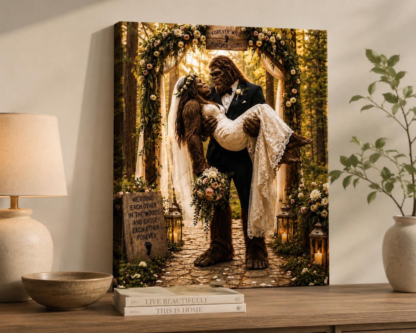 Bigfoot Wedding Canvas Print Canvas Print — shown on a rustic wall