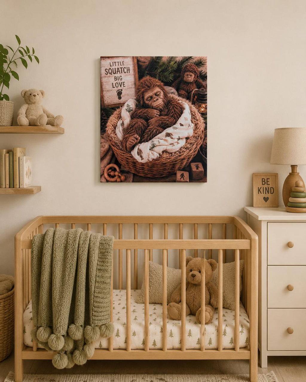 Bigfoot Baby Canvas Print Canvas Print — shown on a rustic wall