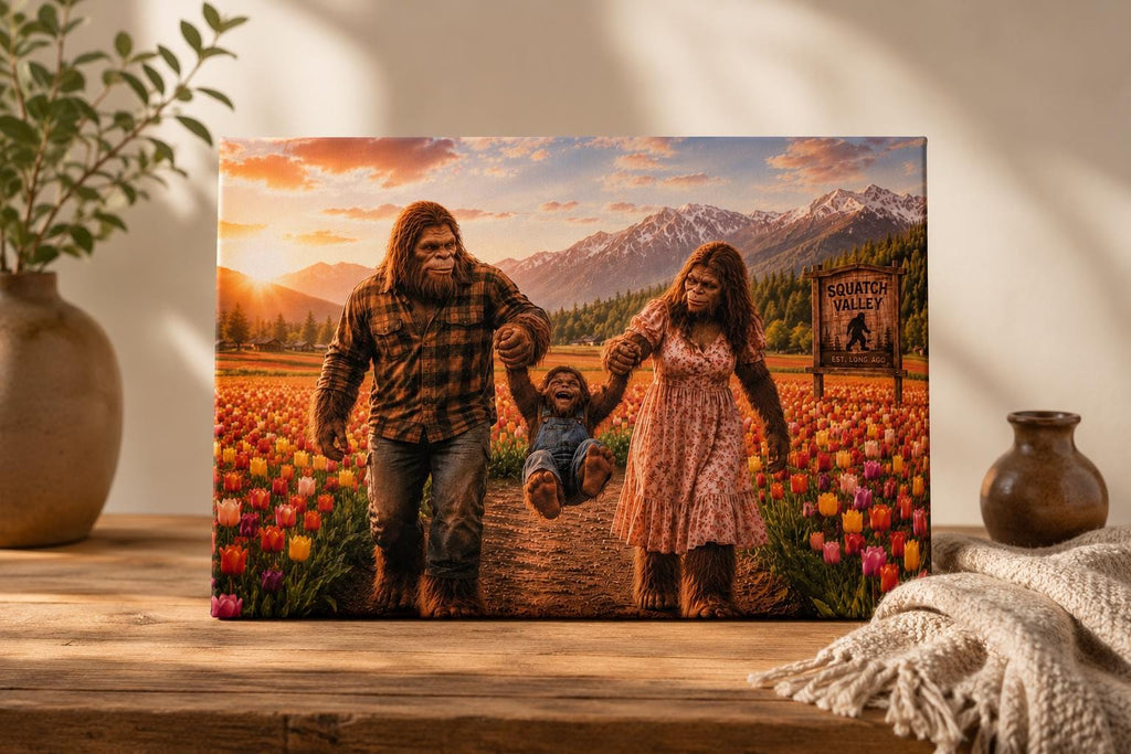 Bigfoot Family Photo Canvas Print Canvas Print — front view on white background