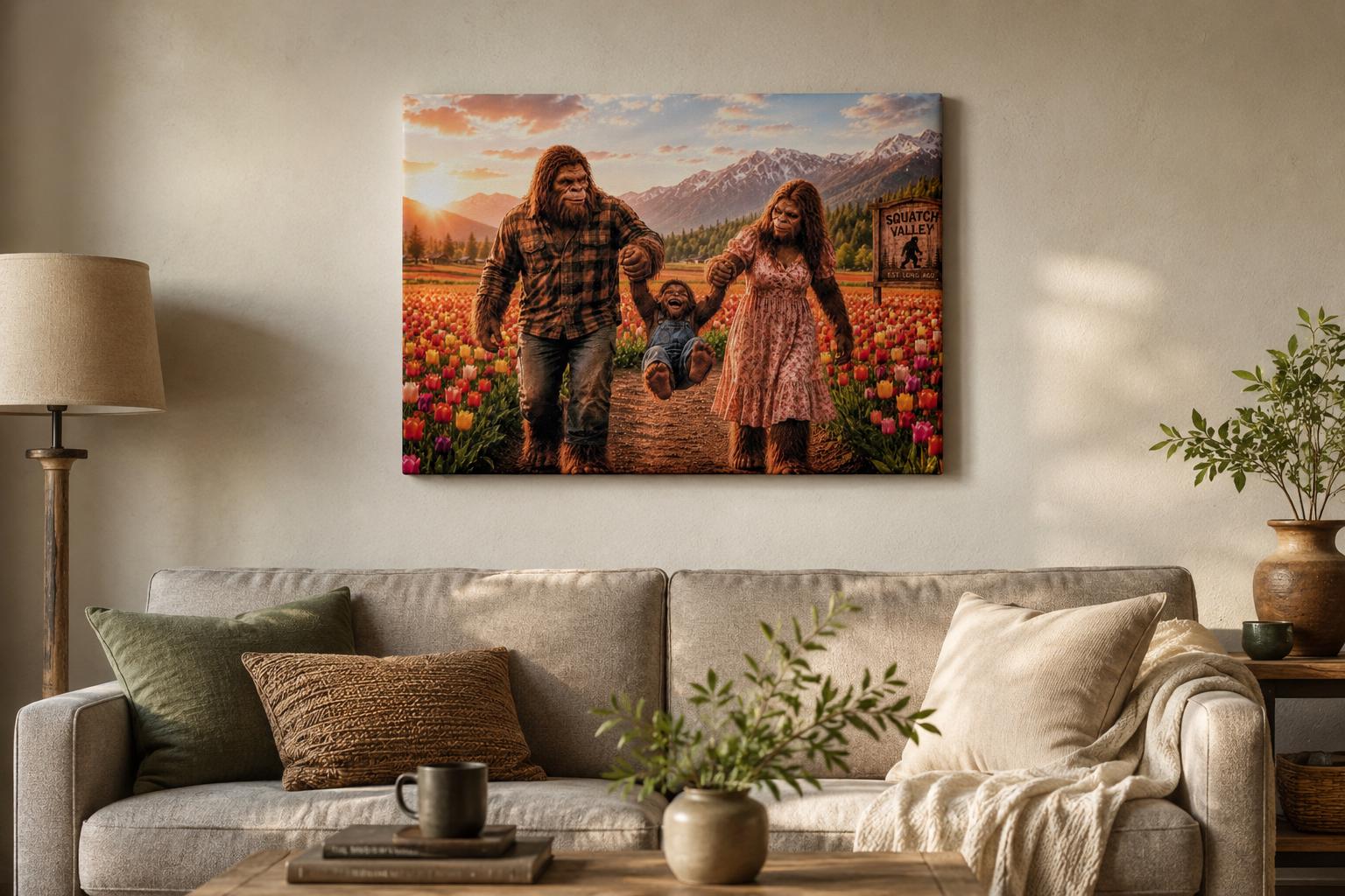 Bigfoot Family Photo Canvas Print Canvas Print — shown on a rustic wall