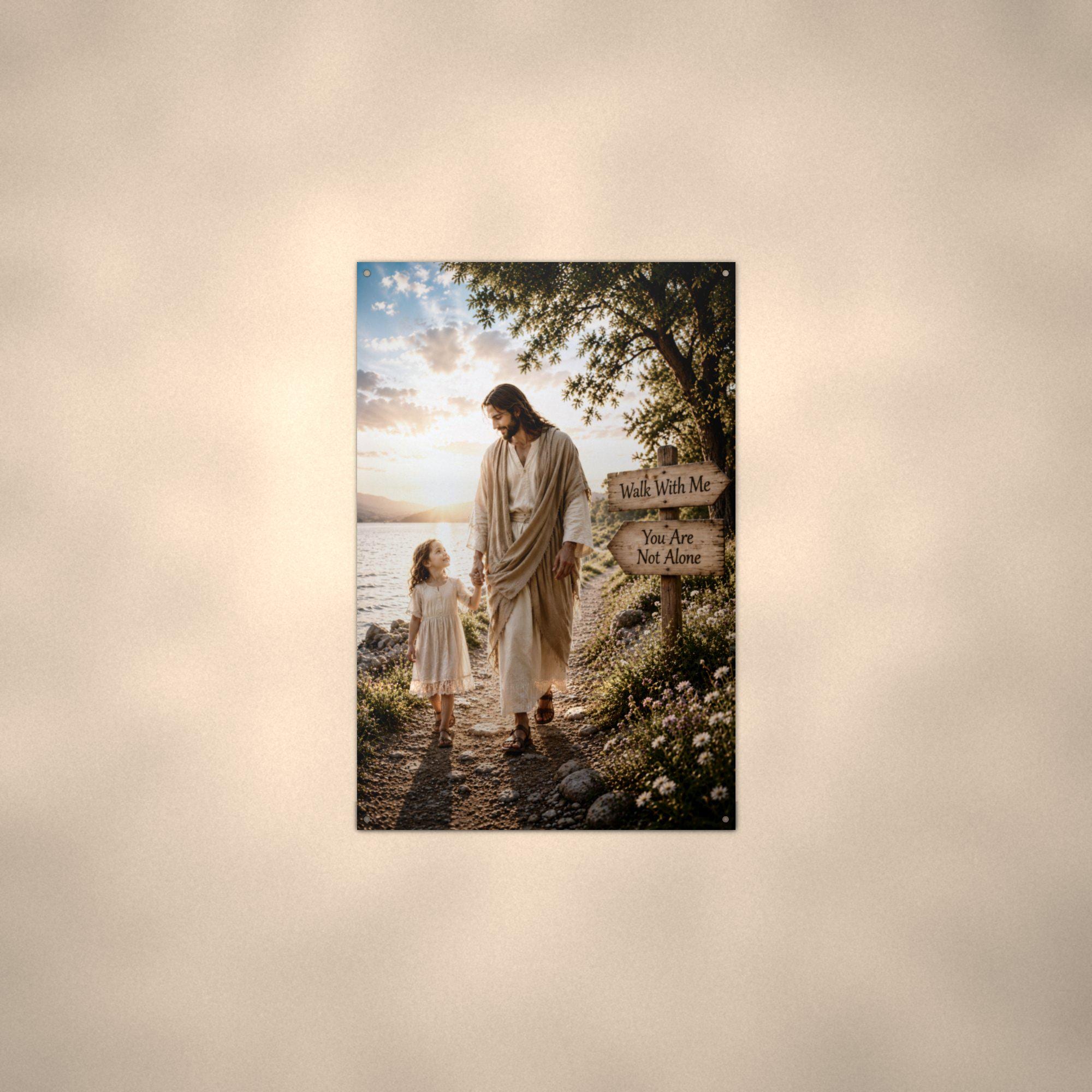 Walk With Me Christian Metal Sign Aluminum Sign — lifestyle setting