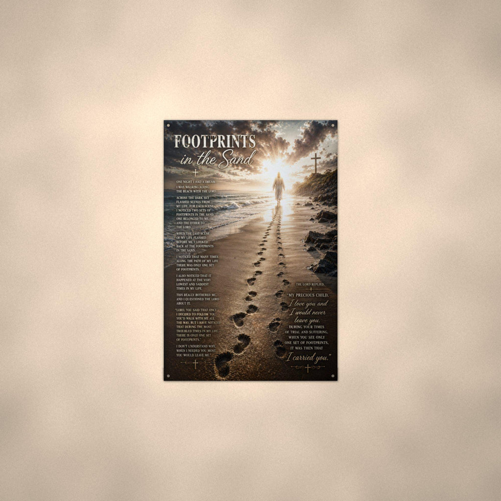 Footprints in the Sand Christian Metal Sign Aluminum Sign — lifestyle setting