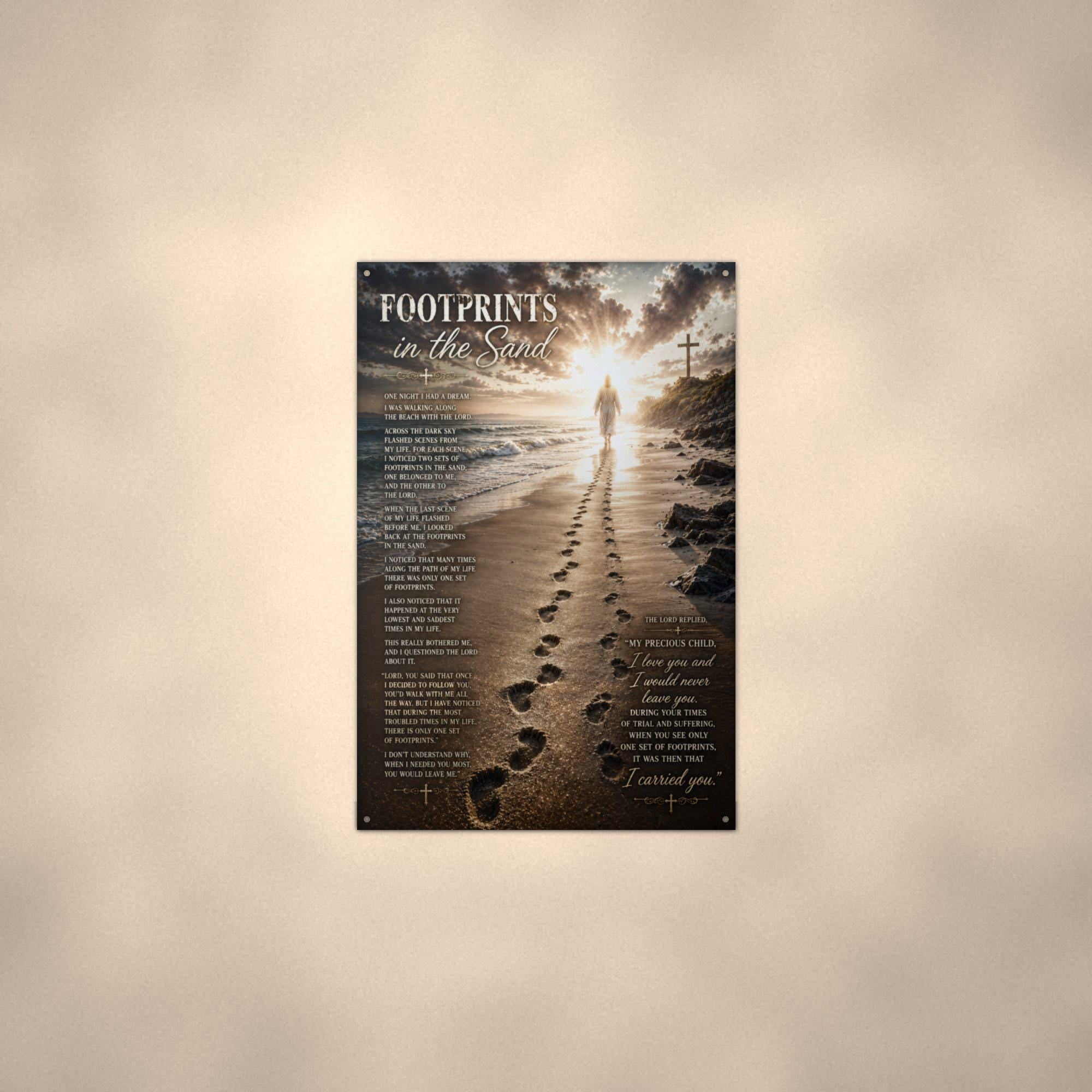 Footprints in the Sand Christian Metal Sign Aluminum Sign — lifestyle setting
