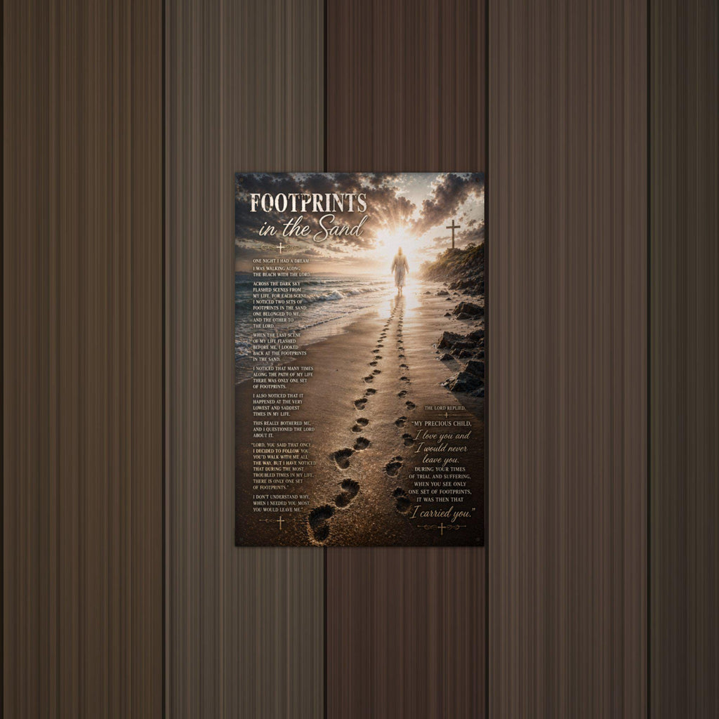 Footprints in the Sand Christian Metal Sign Aluminum Sign — detail view