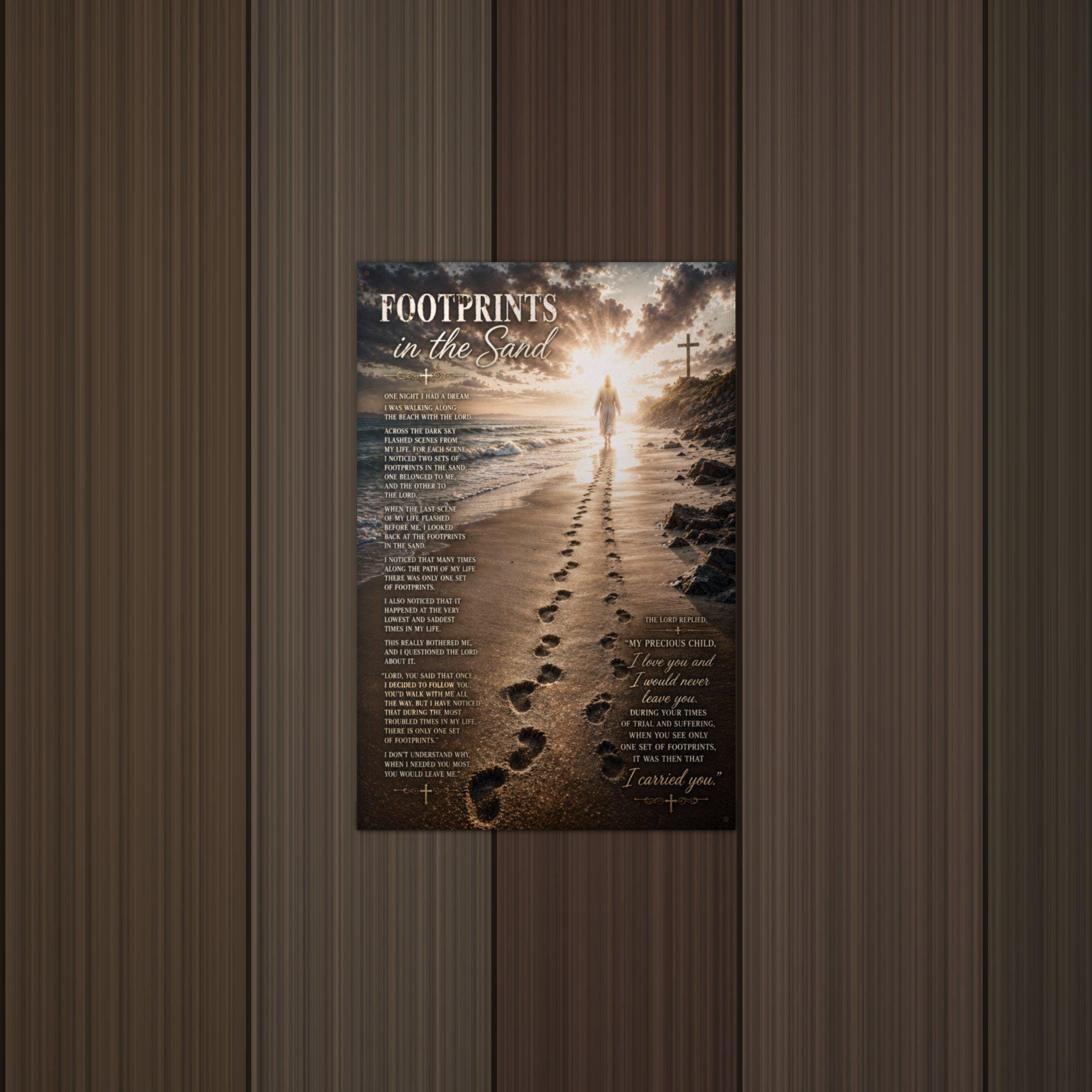 Footprints in the Sand Christian Metal Sign Aluminum Sign — detail view