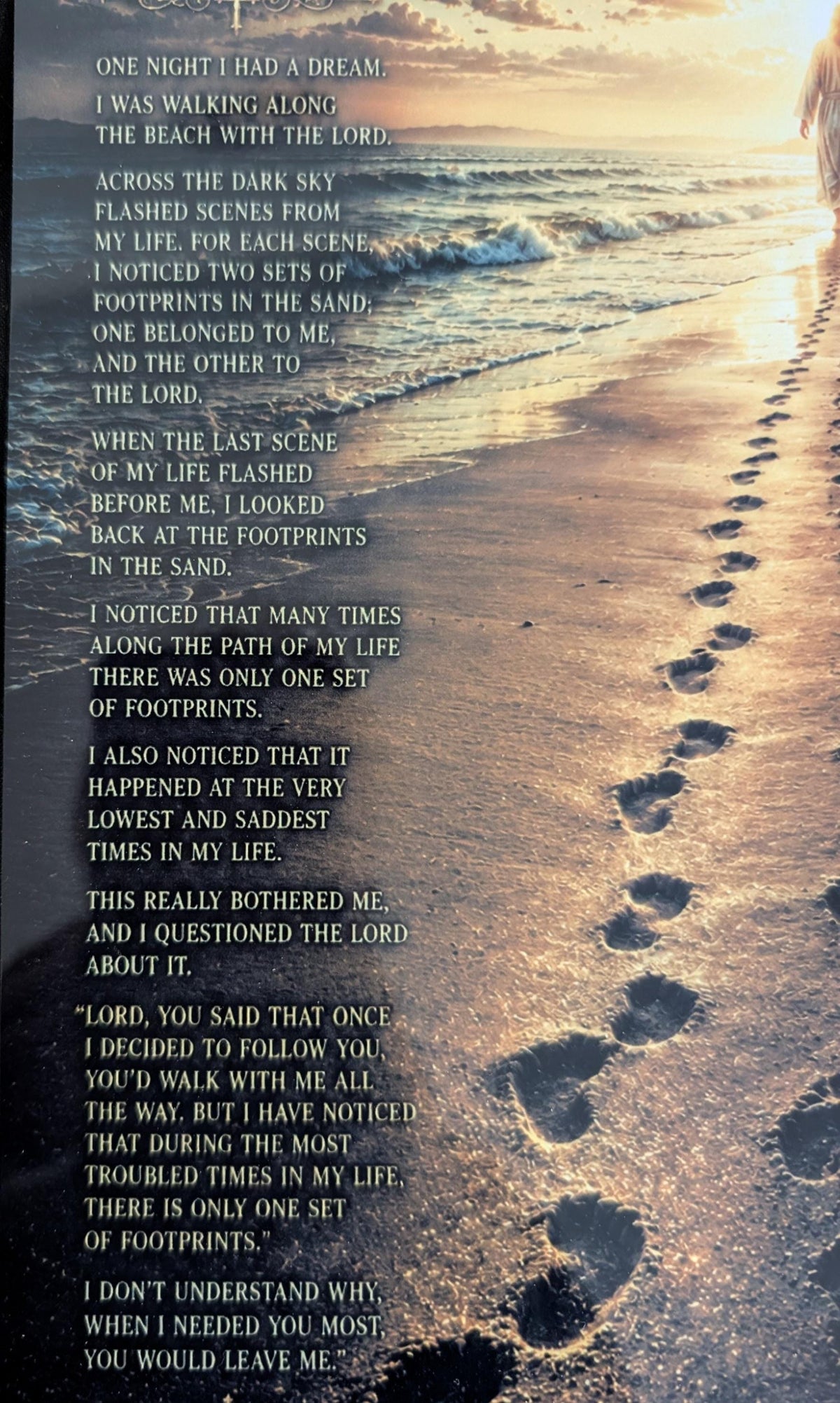 Footprints in the Sand poem on a sublimated 8 x 12 in aluminum sign - real product photo, close-up of the poem text and footprint artwork.