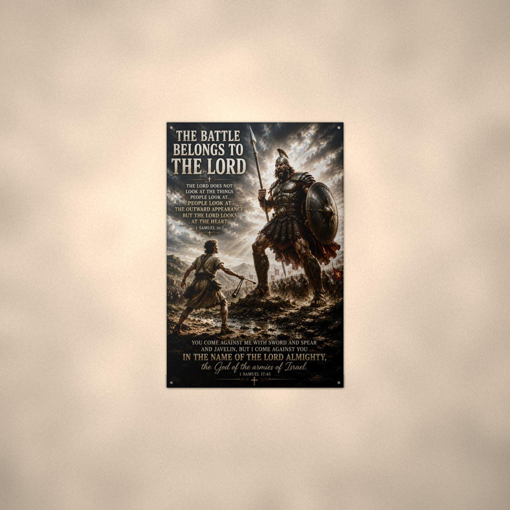 The Battle Belongs to the Lord Christian Meta Aluminum Sign — lifestyle setting