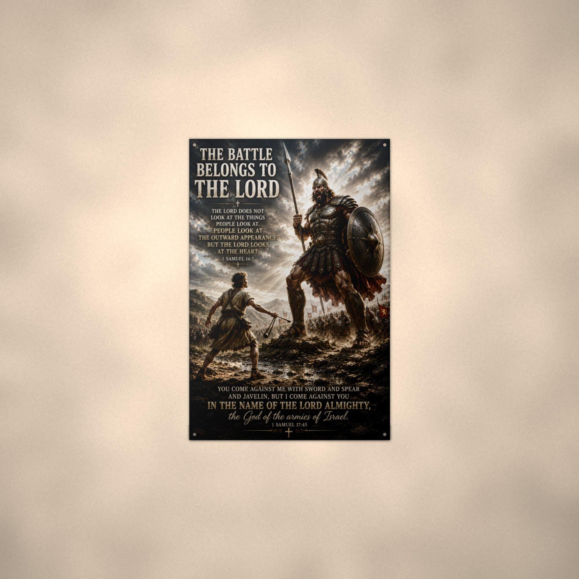 The Battle Belongs to the Lord Christian Meta Aluminum Sign — lifestyle setting