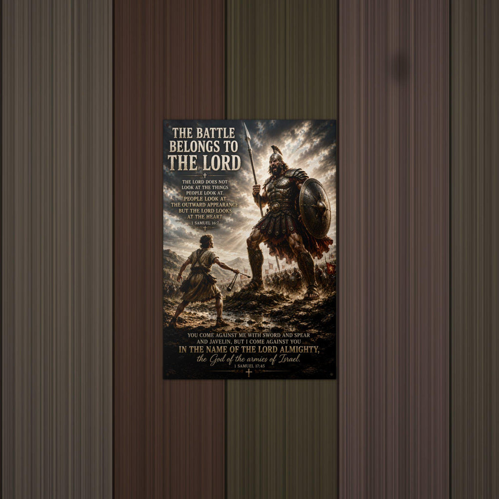 The Battle Belongs to the Lord Christian Meta Aluminum Sign — detail view